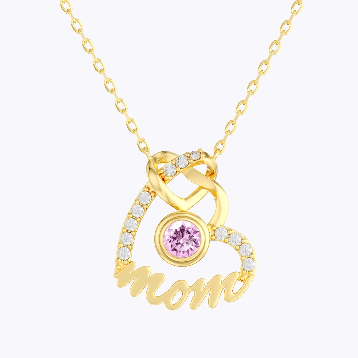 Custom Round Birthstone Double Heart Shape Name Necklace with Pavé Accents