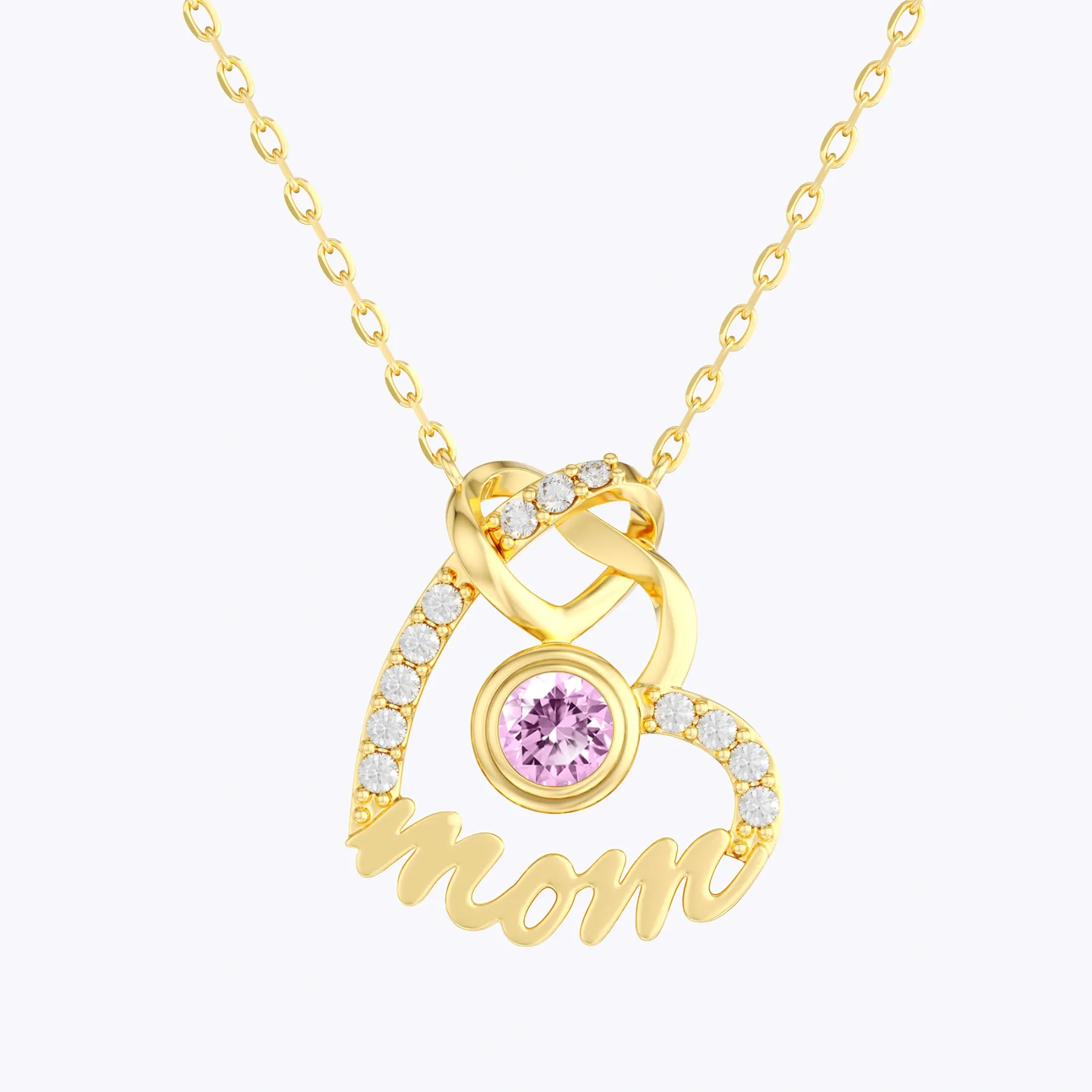 Custom Round Birthstone Double Heart Shape Name Necklace with Pavé Accents