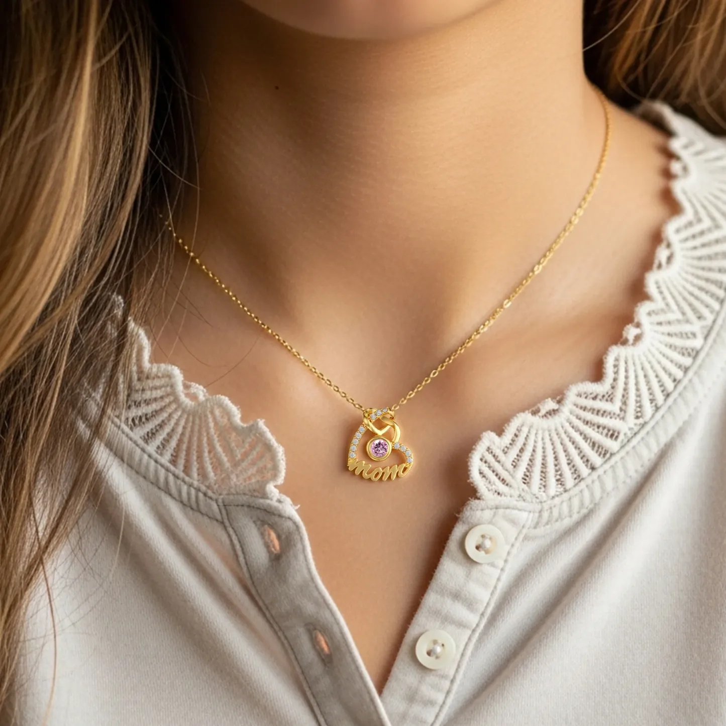 Custom Round Birthstone Double Heart Shape Name Necklace with Pavé Accents