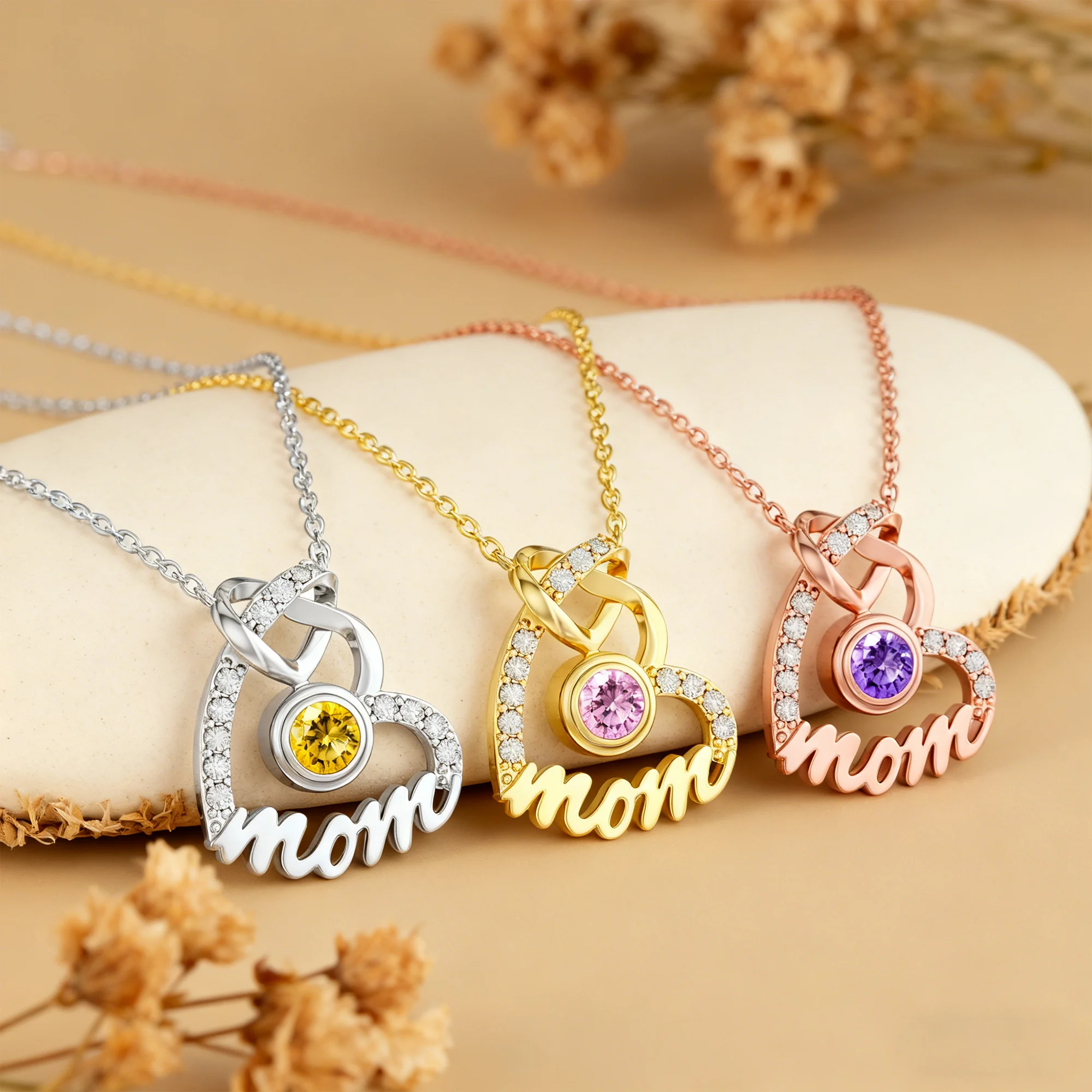 Custom Round Birthstone Double Heart Shape Name Necklace with Pavé Accents