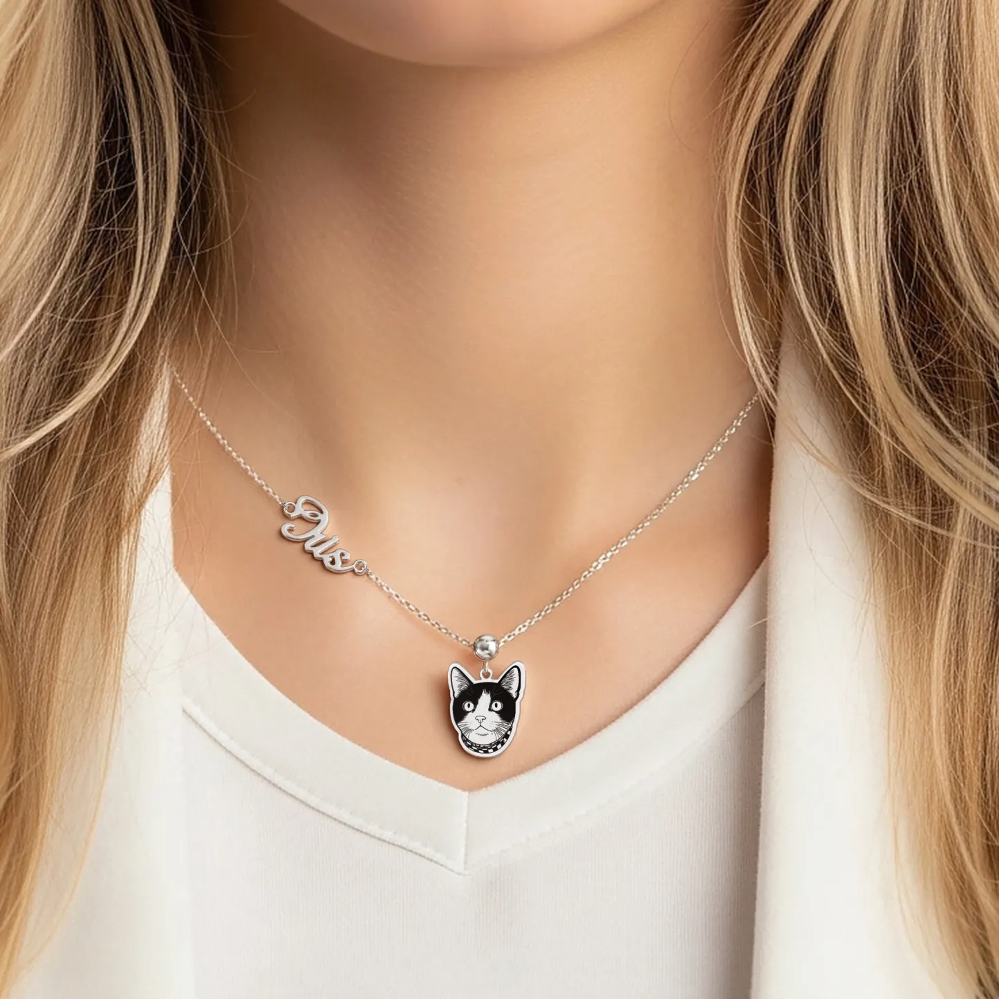 Custom Dog Cat Portrait Pendant Necklace with Name