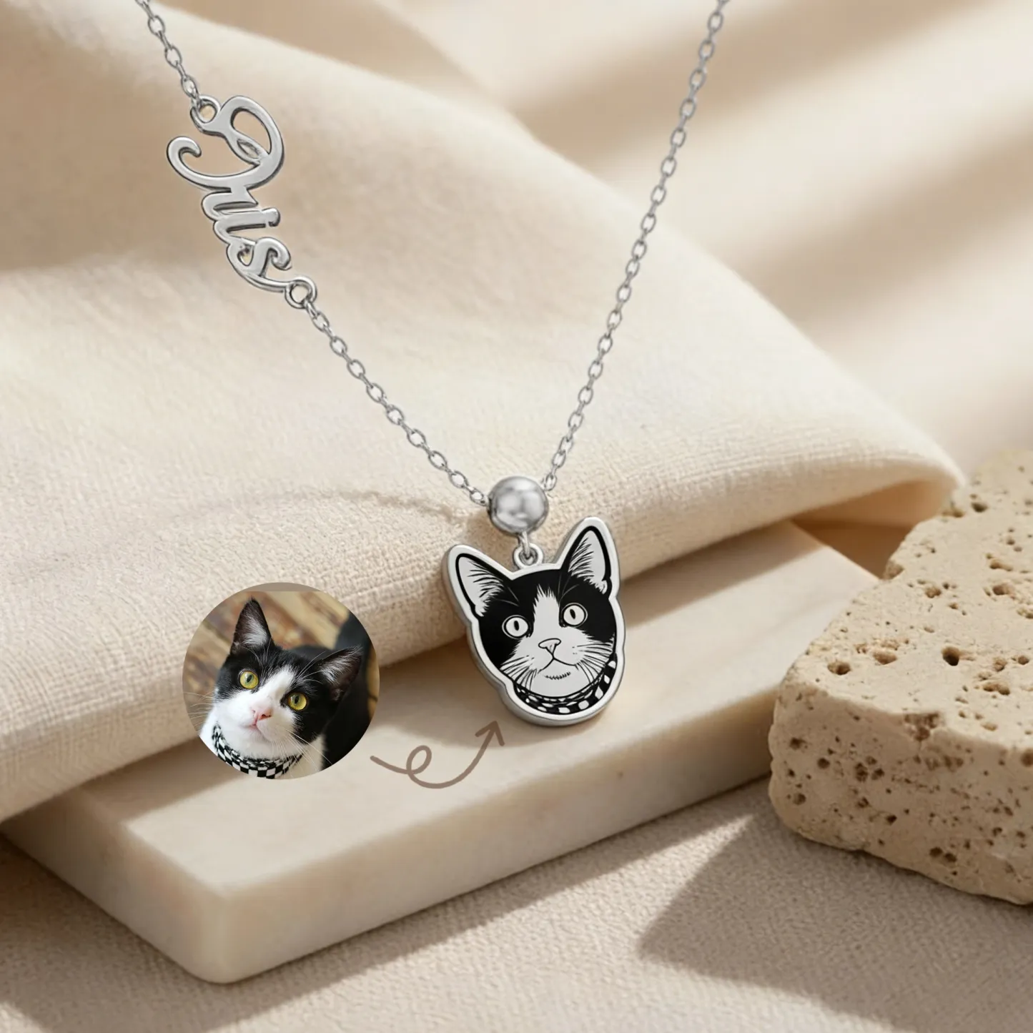 Custom Dog Cat Portrait Pendant Necklace with Name