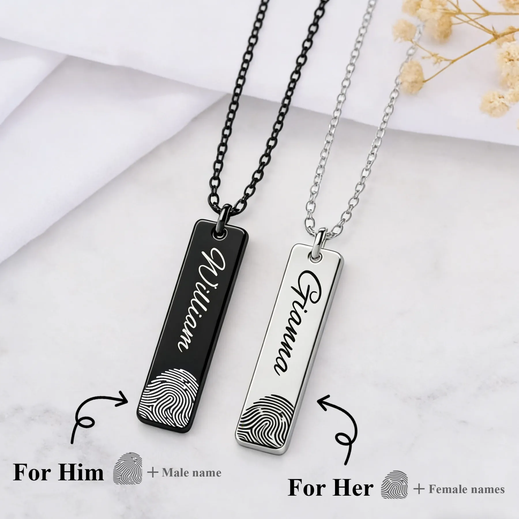 Custom Fingerprint Photo Necklaces For Couple with Name