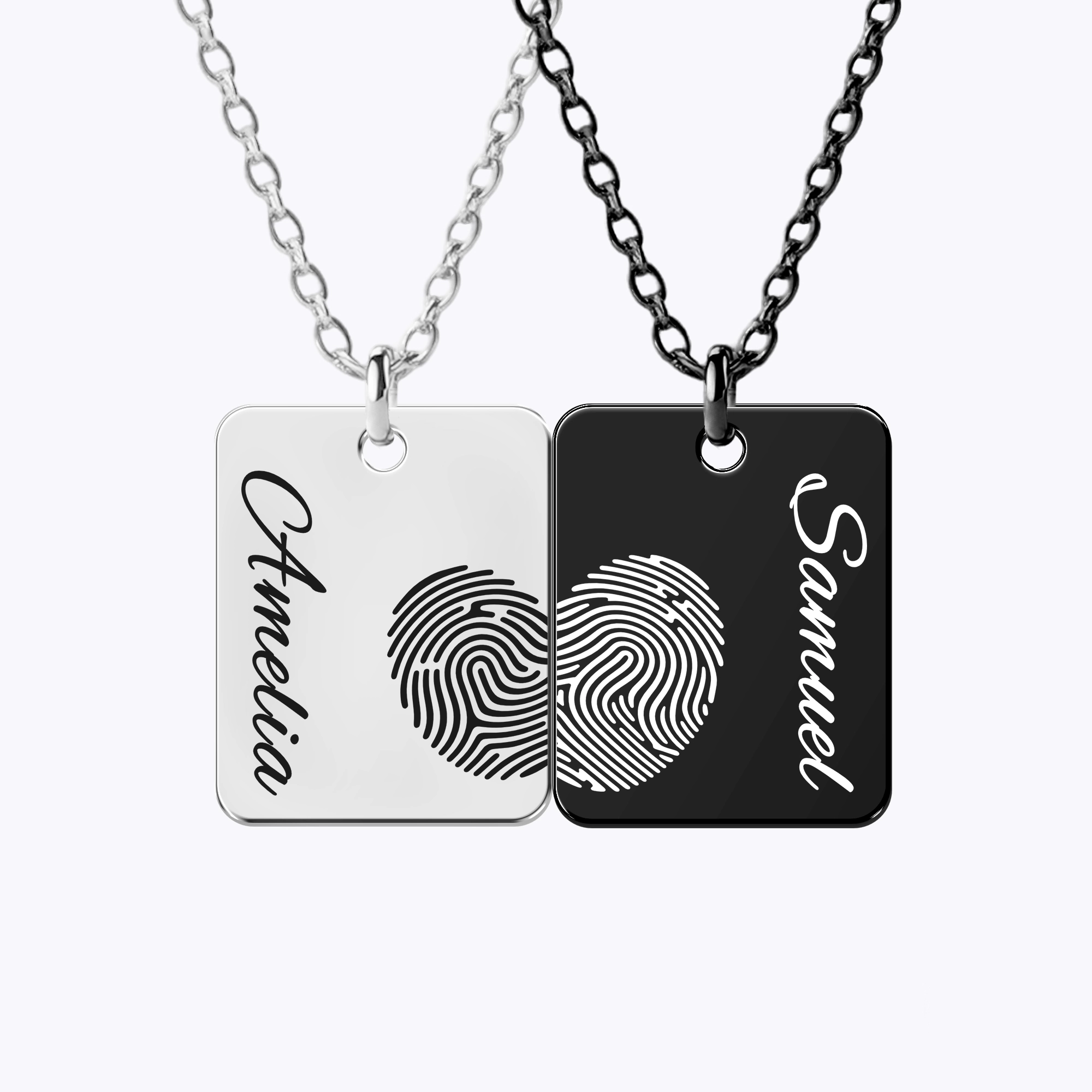Custom Fingerprint Photo Necklaces Rectangle Shape For Couple with Name