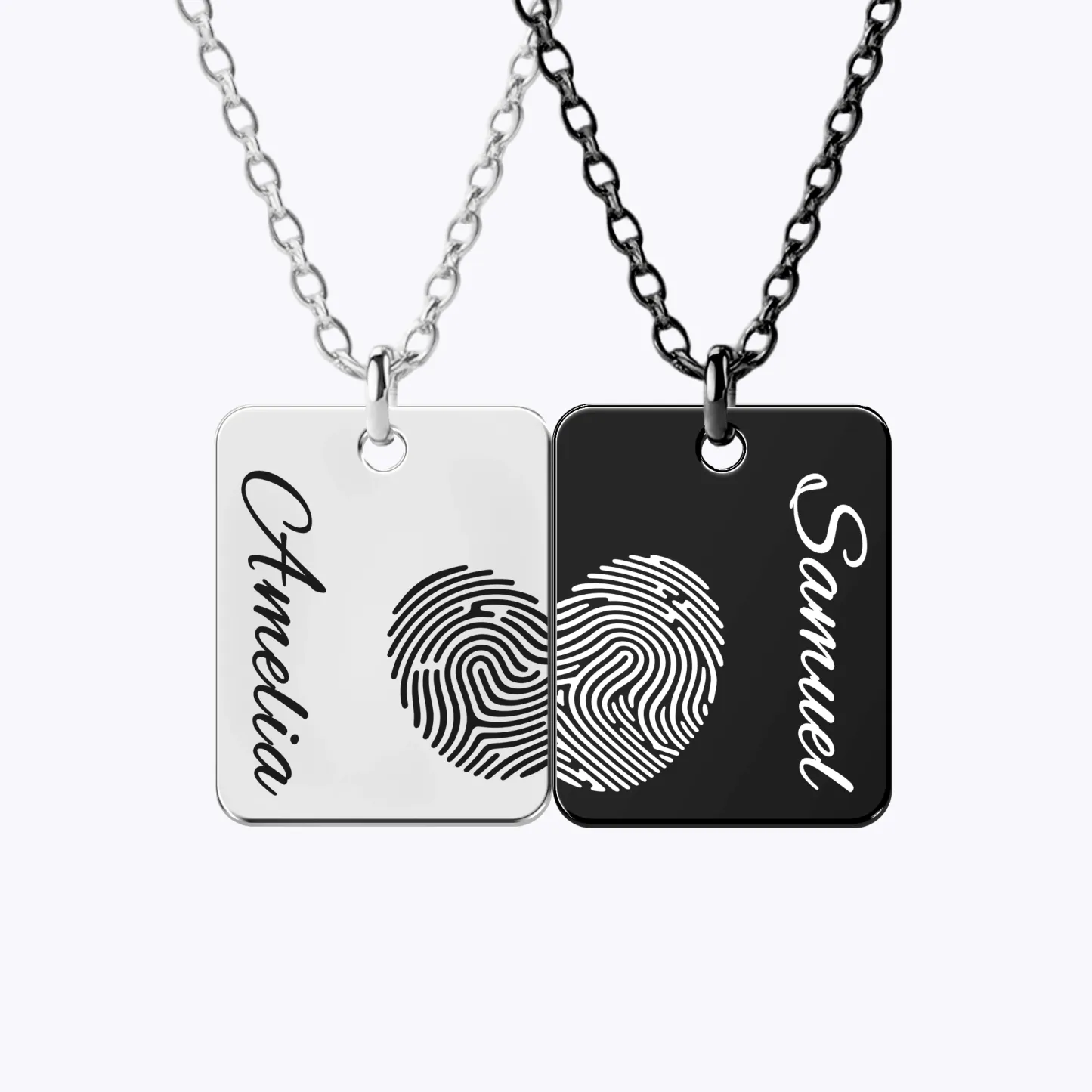 Custom Fingerprint Photo Necklaces Rectangle Shape For Couple with Name