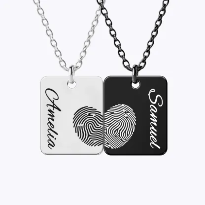 Custom Fingerprint Photo Necklaces Rectangle Shape For Couple with Name