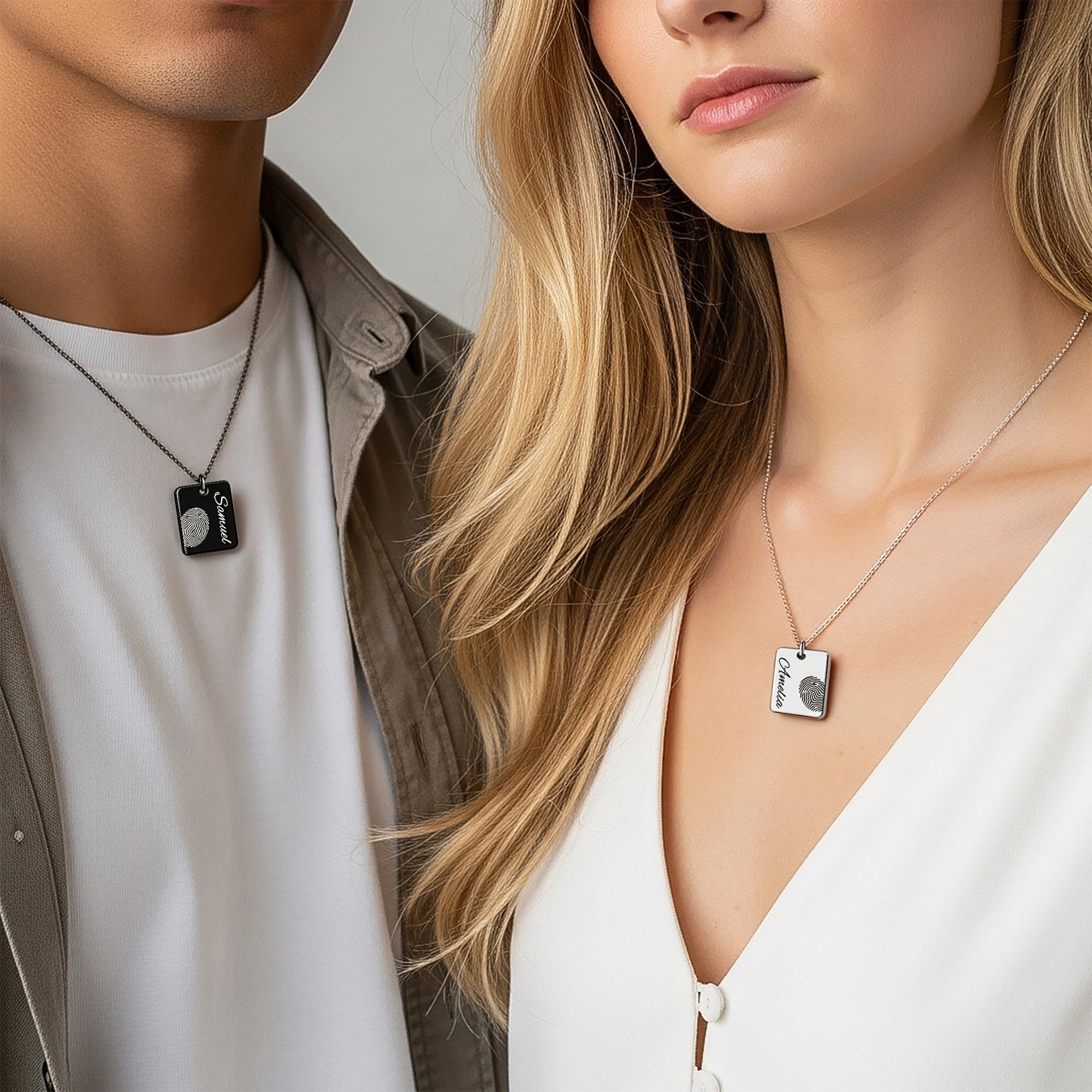 Custom Fingerprint Photo Necklaces Rectangle Shape For Couple with Name