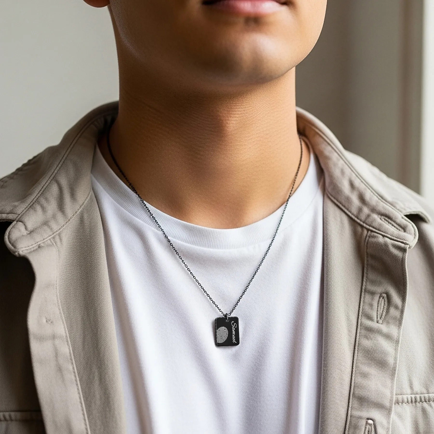 Custom Fingerprint Photo Necklaces Rectangle Shape For Couple with Name