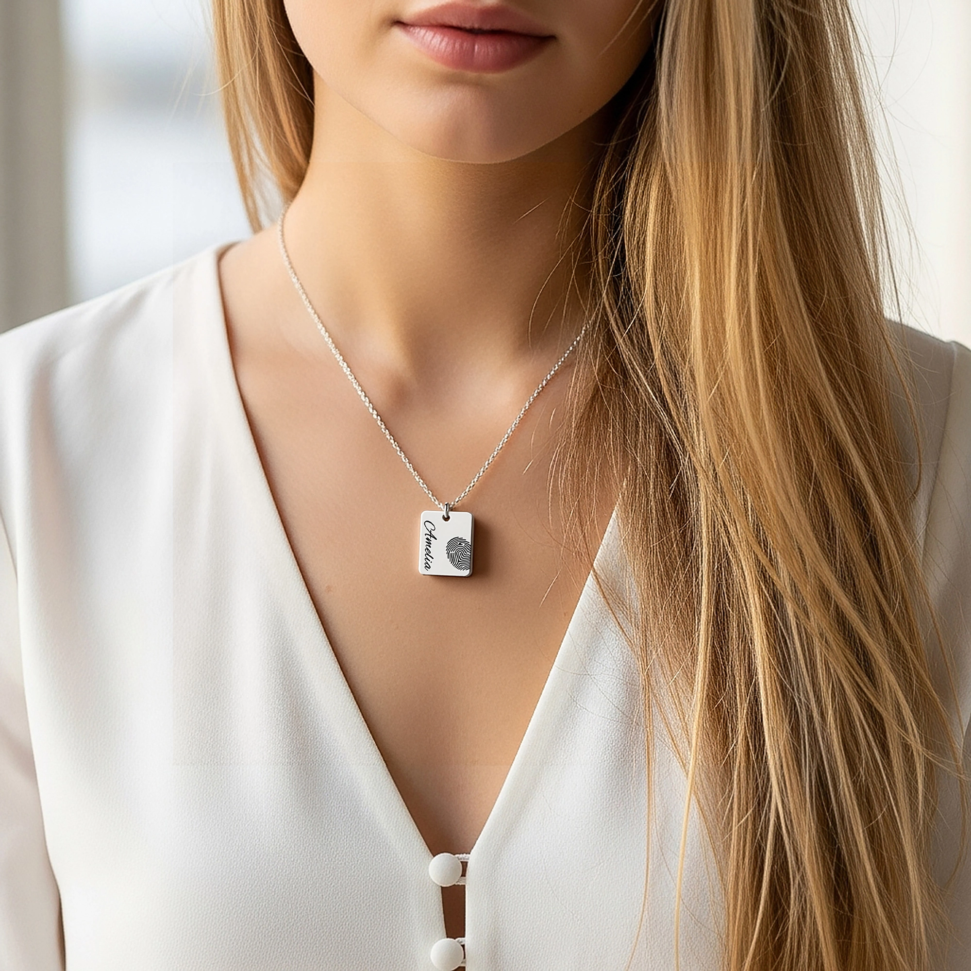 Custom Fingerprint Photo Necklaces Rectangle Shape For Couple with Name