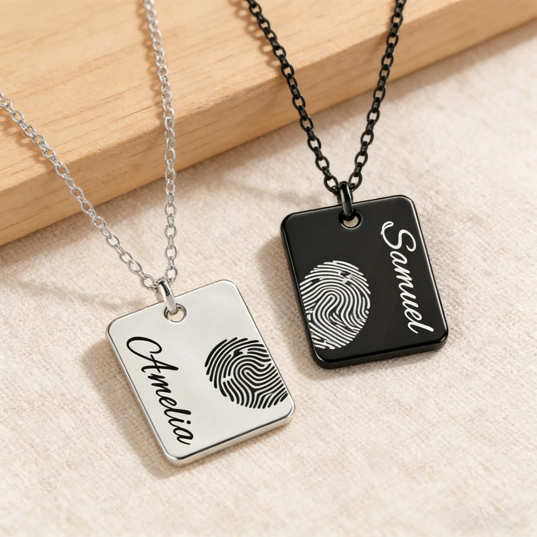 Custom Fingerprint Photo Necklaces Rectangle Shape For Couple with Name