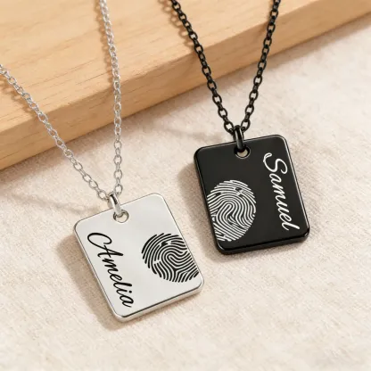 Custom Fingerprint Photo Necklaces Rectangle Shape For Couple with Name