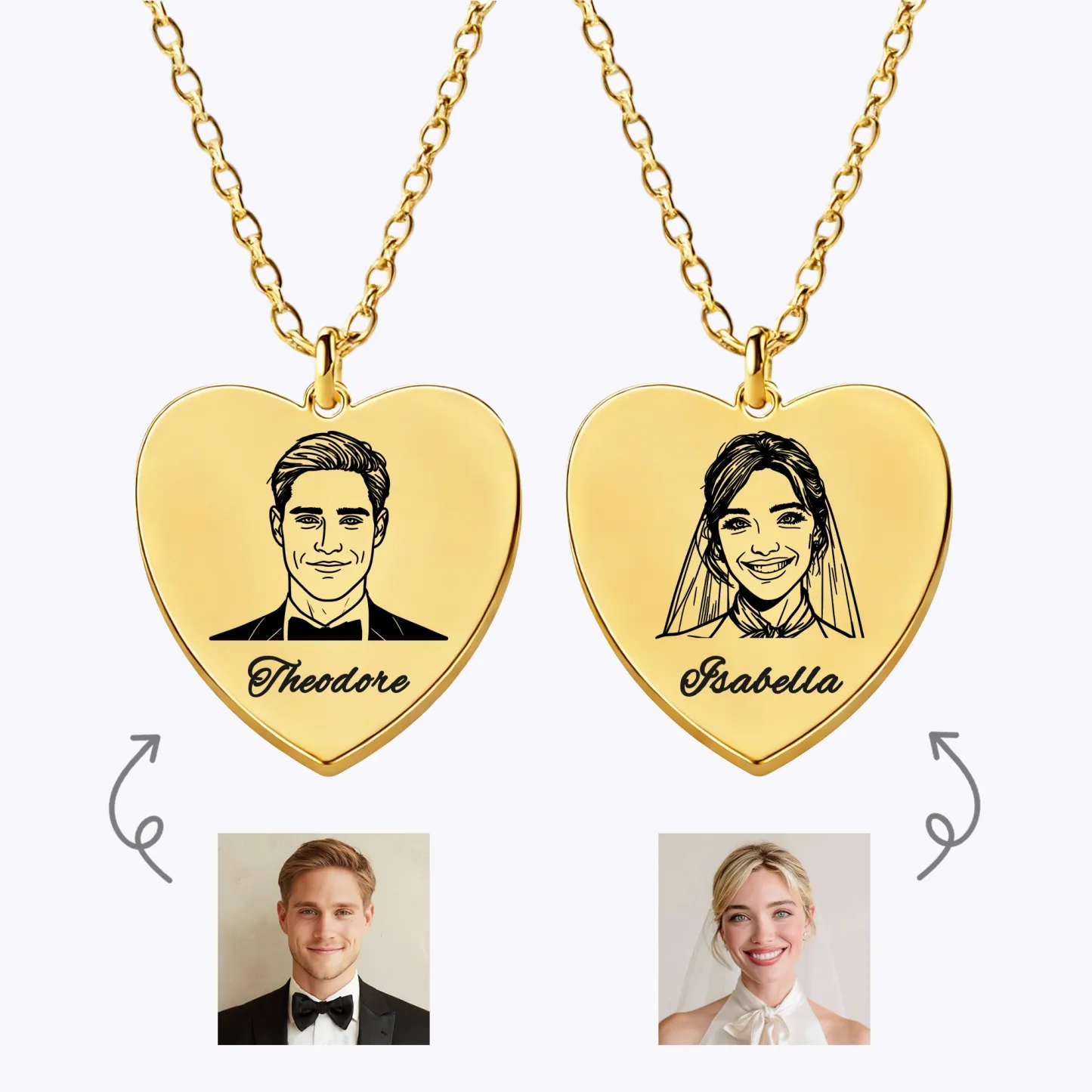 Custom Portrait Heart Shape Necklace For Couple with Name