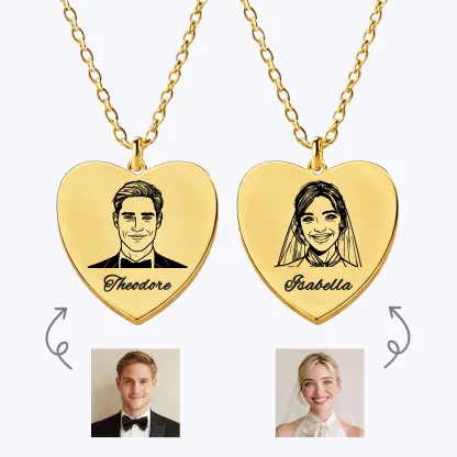 Custom Portrait Heart Shape Necklace For Couple with Name