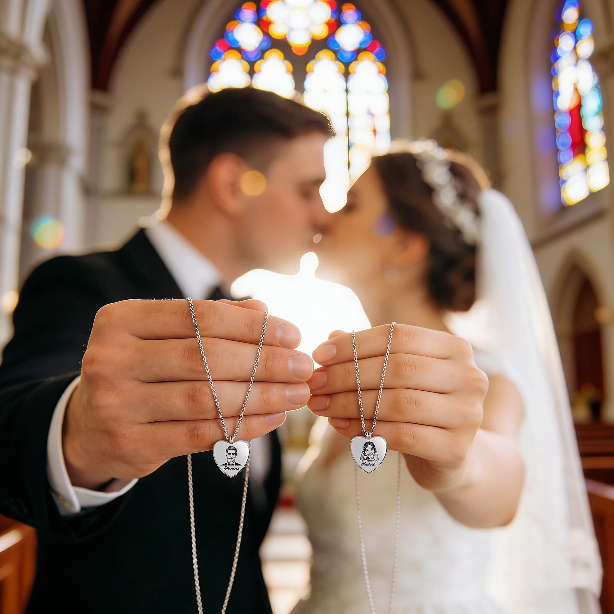Custom Portrait Heart Shape Necklace For Couple with Name