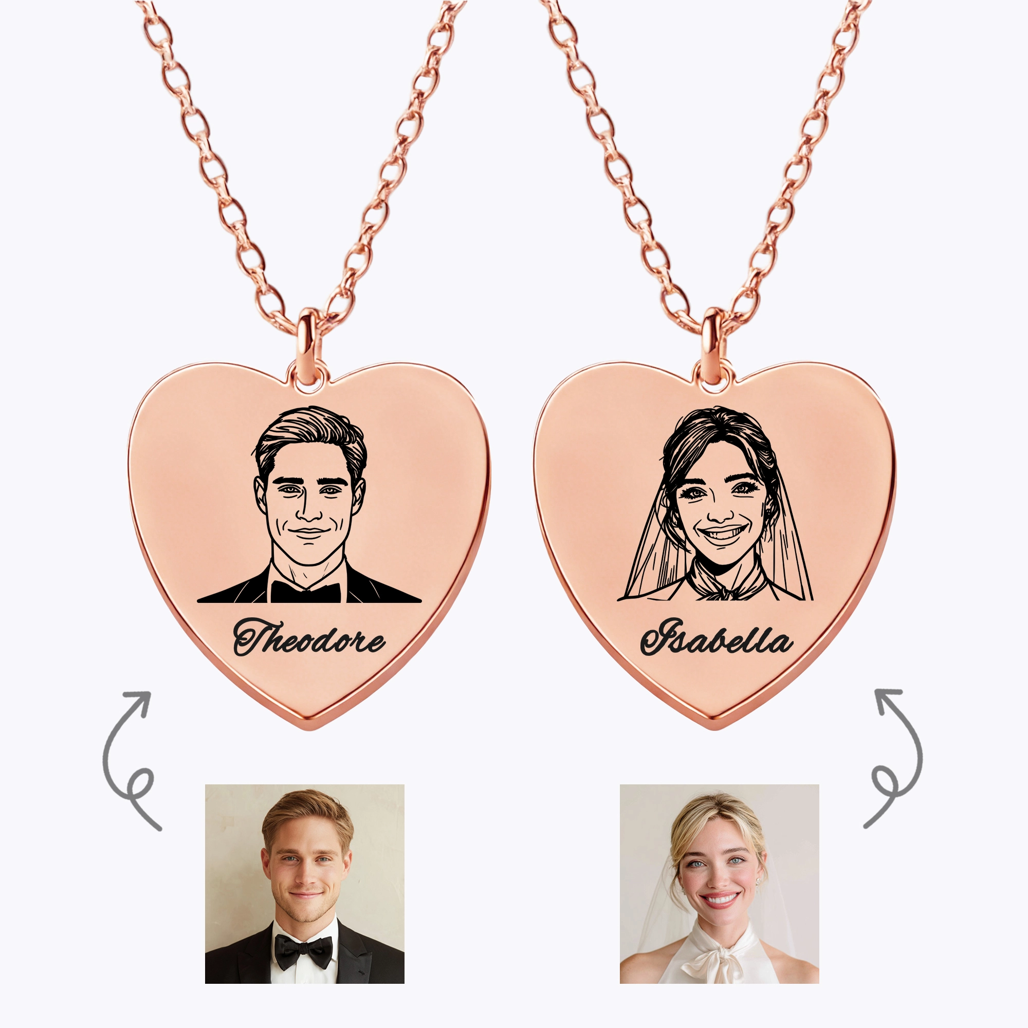 Custom Portrait Heart Shape Necklace For Couple with Name