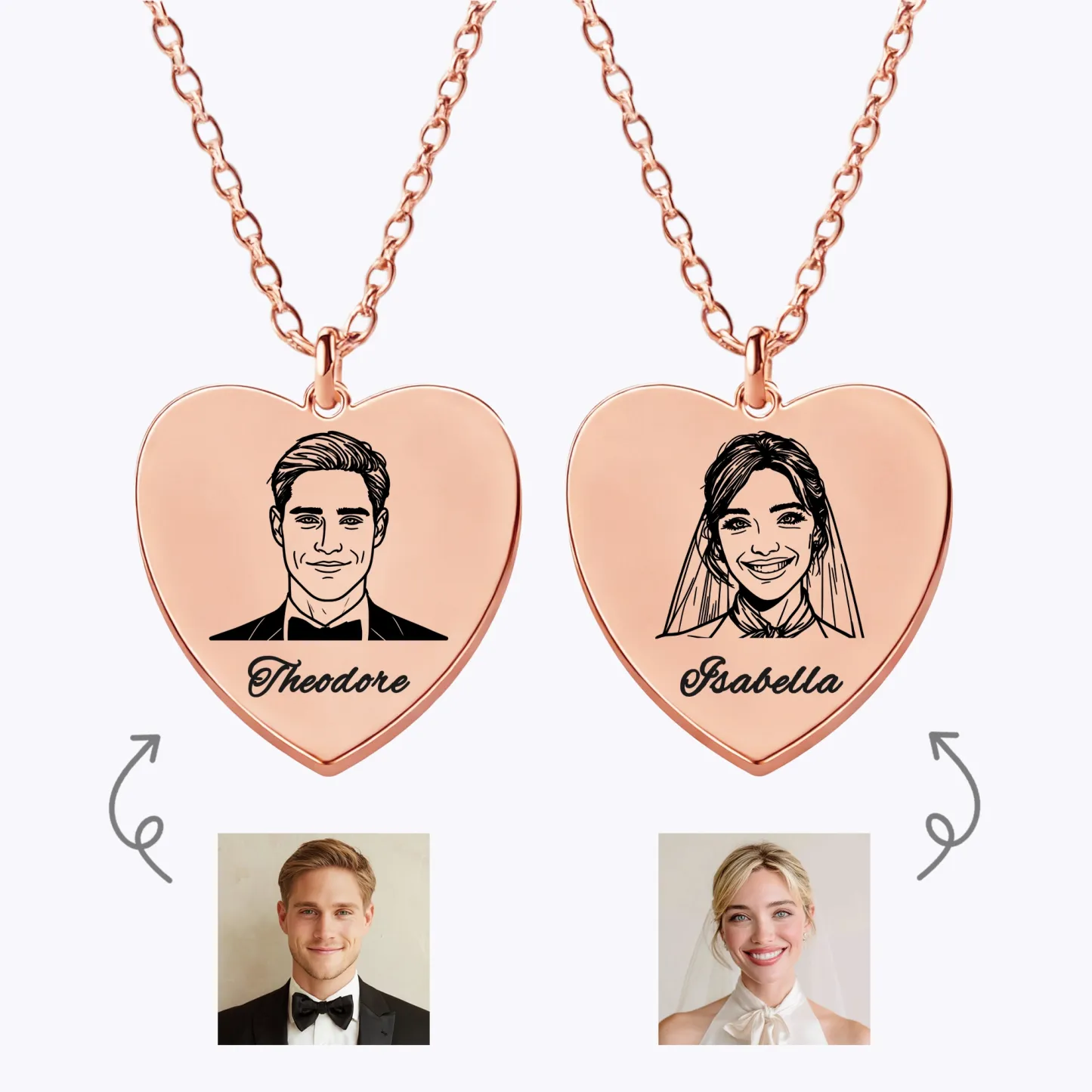 Custom Portrait Heart Shape Necklace For Couple with Name
