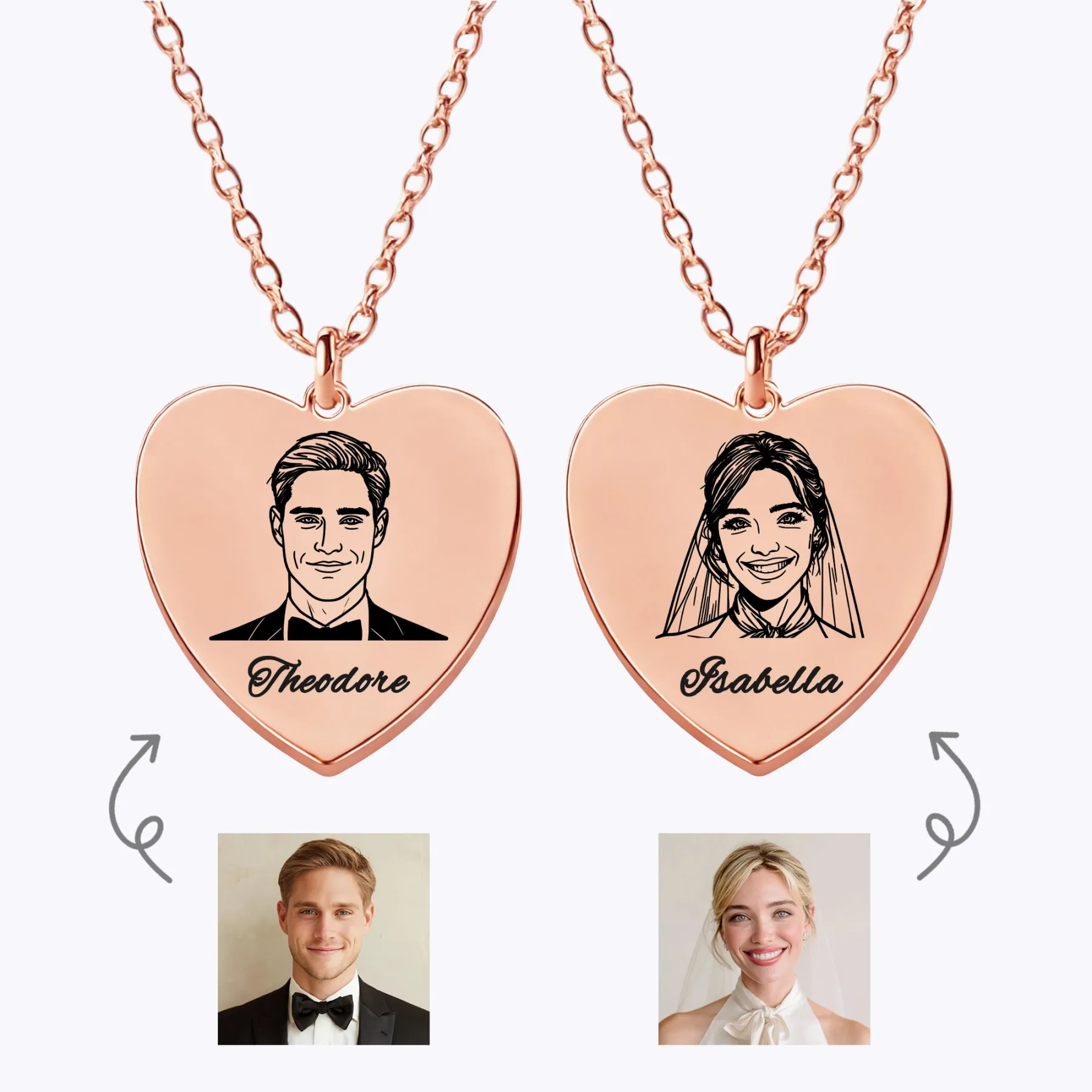 Custom Portrait Heart Shape Necklace For Couple with Name