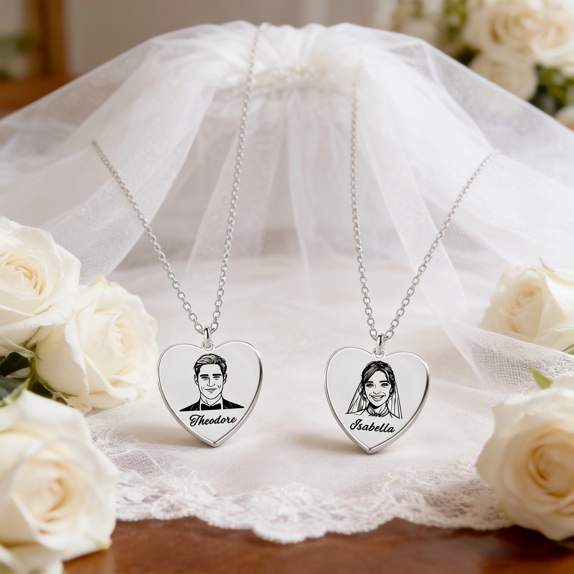 Custom Portrait Heart Shape Necklace For Couple with Name