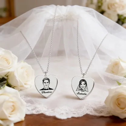 Custom Portrait Heart Shape Necklace For Couple with Name