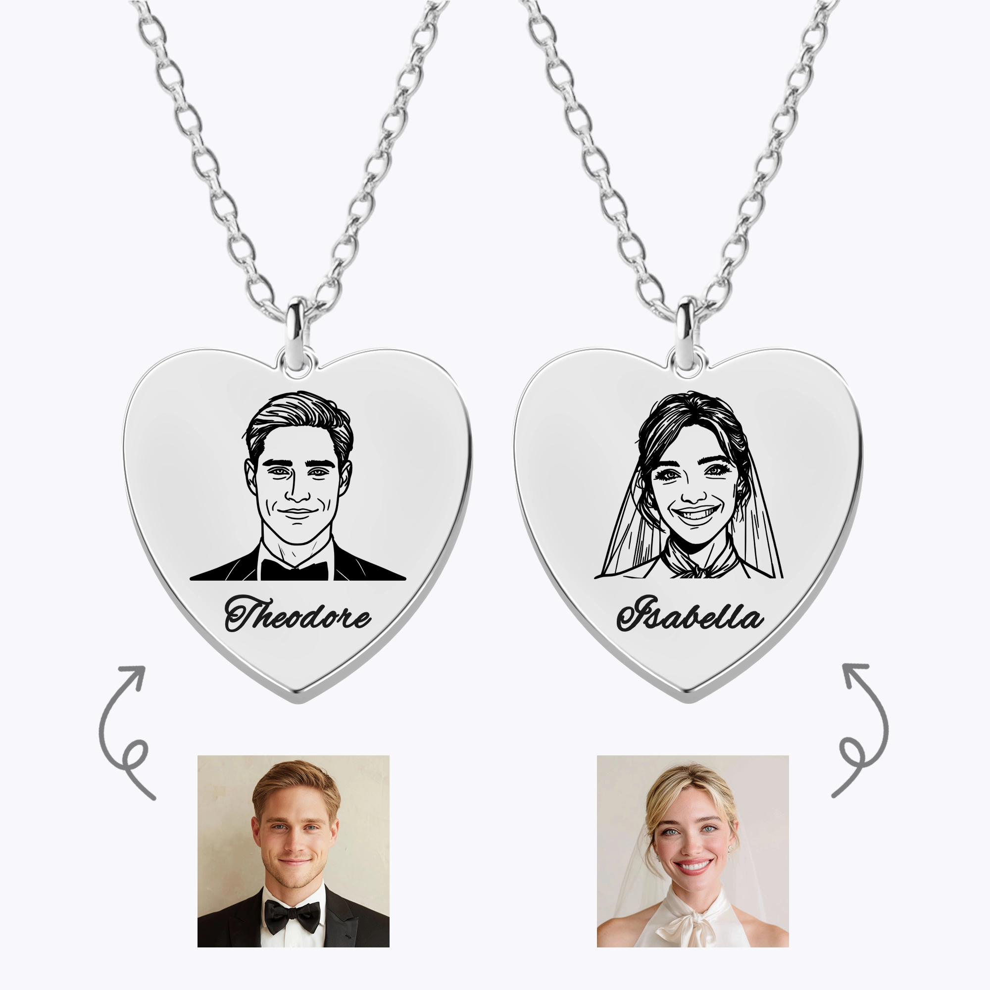 Custom Portrait Heart Shape Necklace For Couple with Name