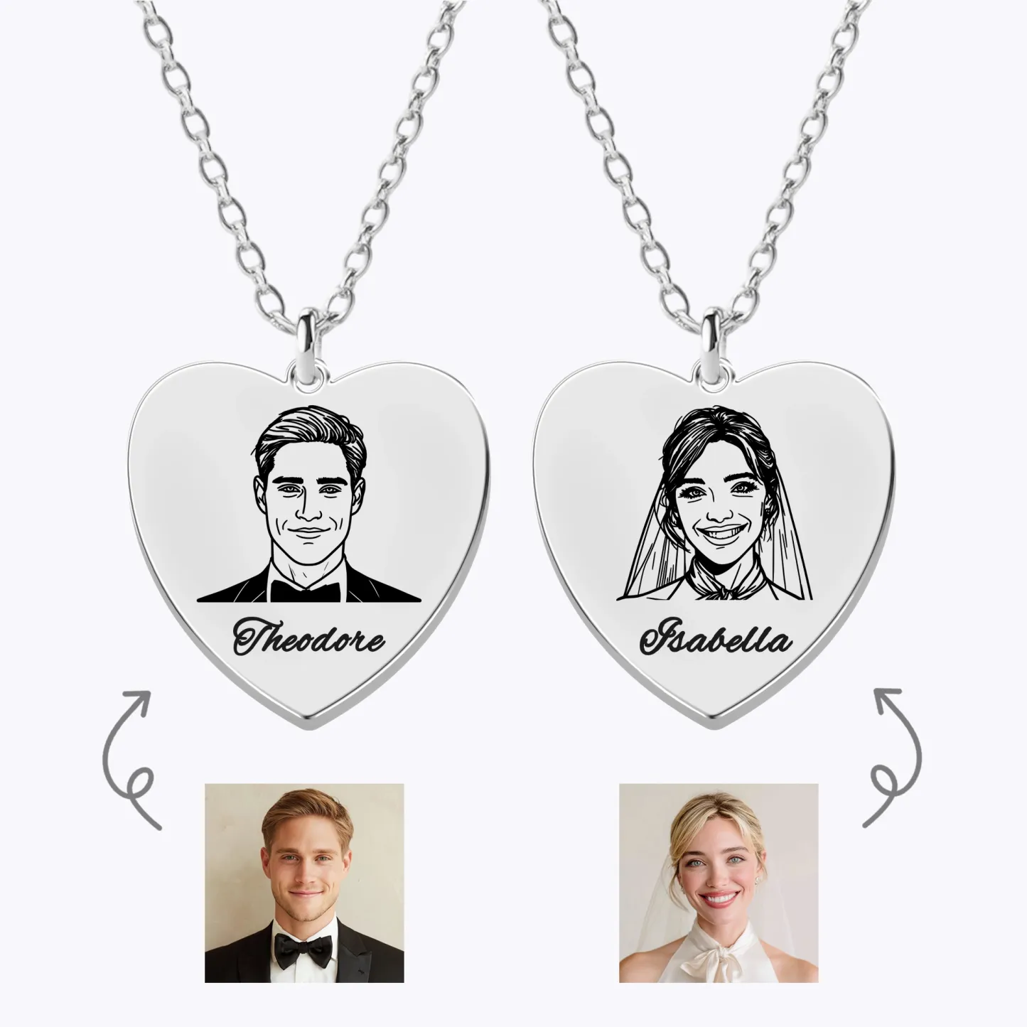 Custom Portrait Heart Shape Necklace For Couple with Name