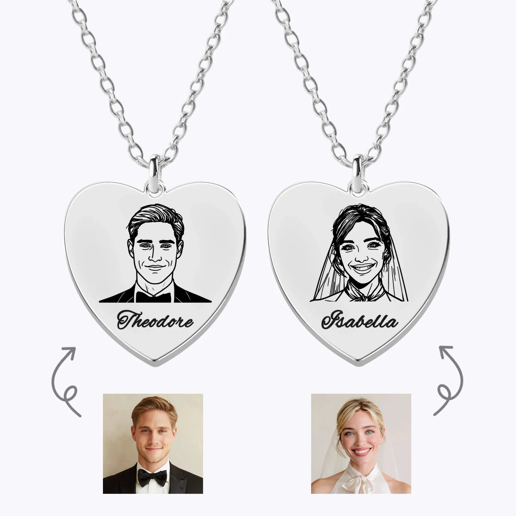 Custom Portrait Heart Shape Necklace For Couple with Name