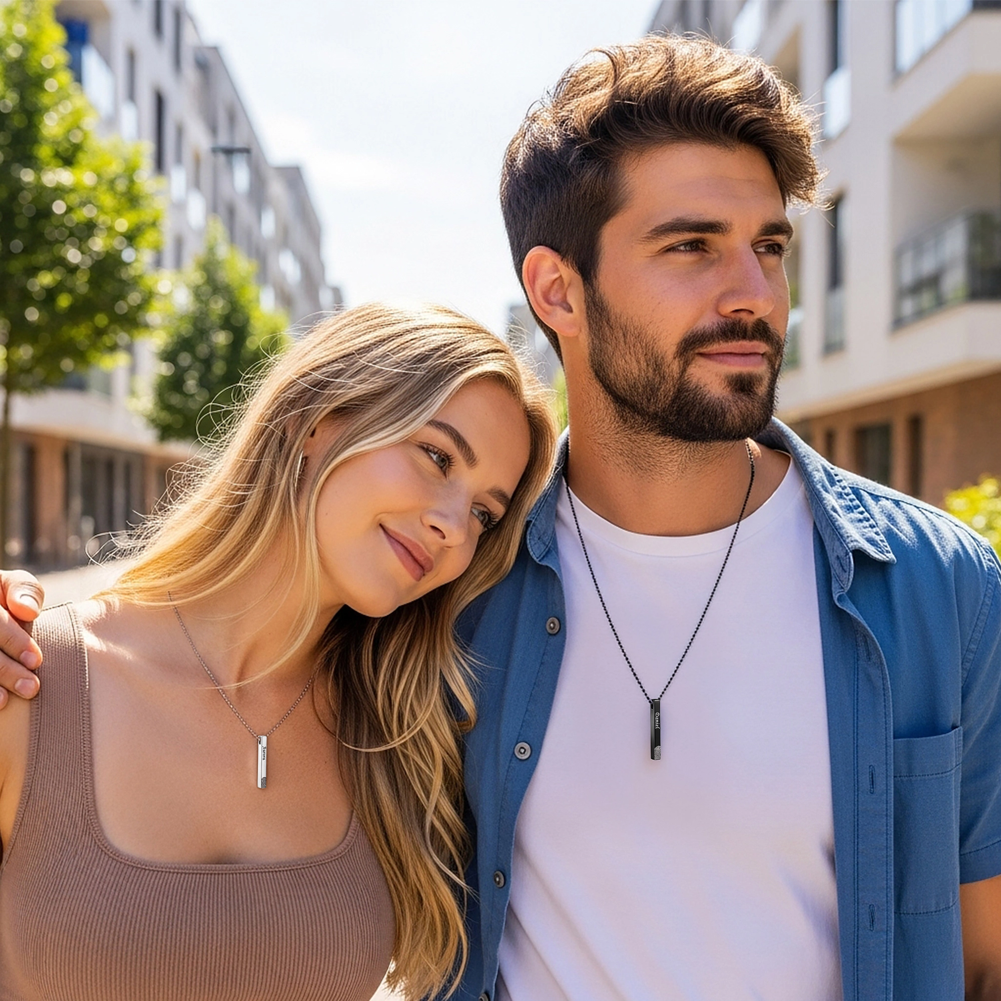 Custom Fingerprint Photo Bar Pendant Necklace with Name