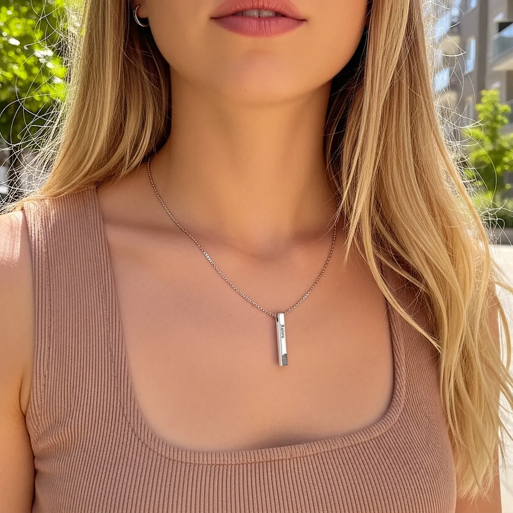 Custom Fingerprint Photo Bar Pendant Necklace with Name