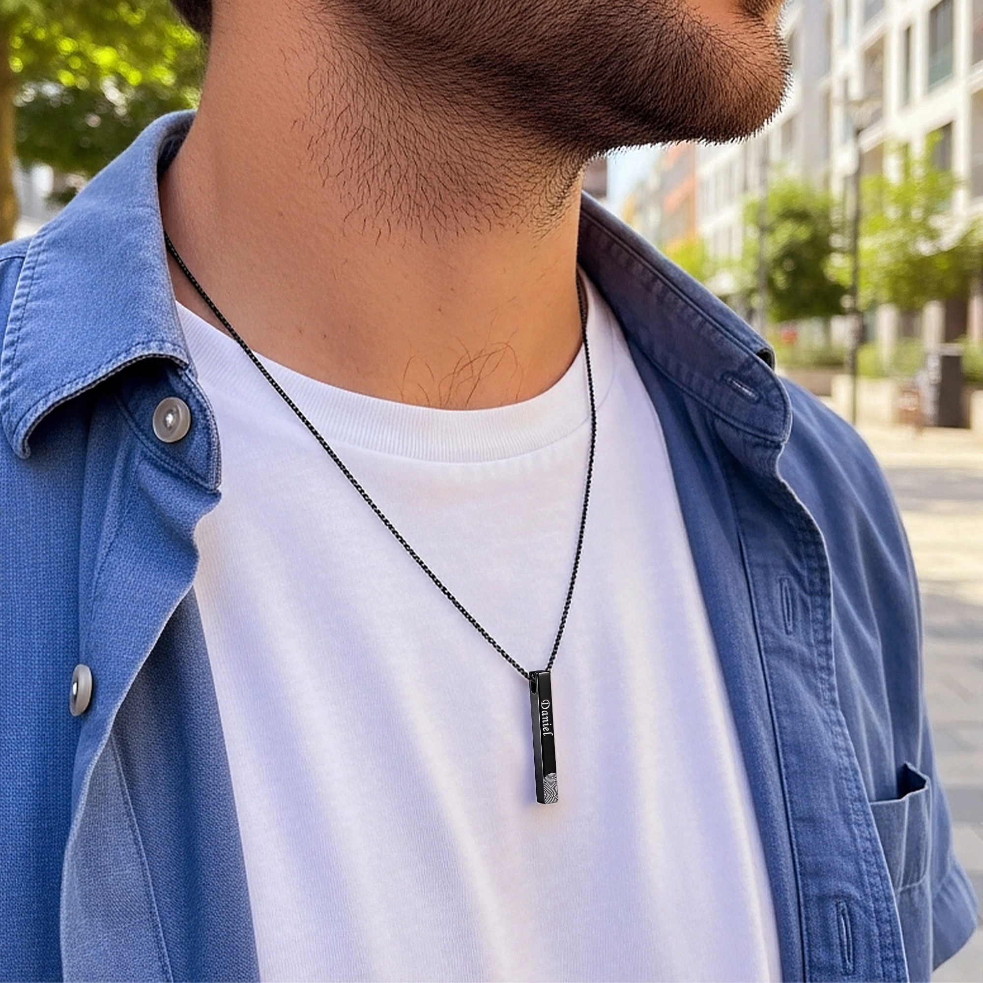 Custom Fingerprint Photo Bar Pendant Necklace with Name