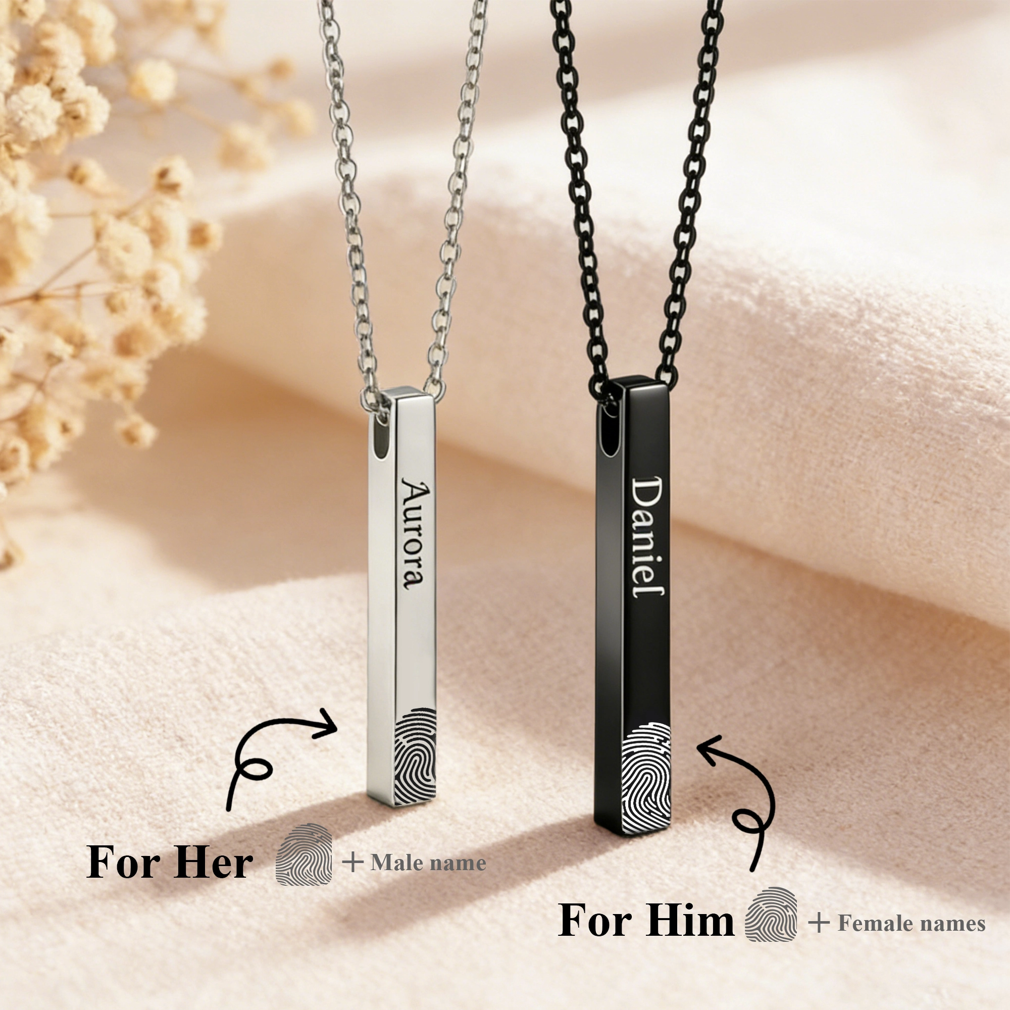 Custom Fingerprint Photo Bar Pendant Necklace with Name