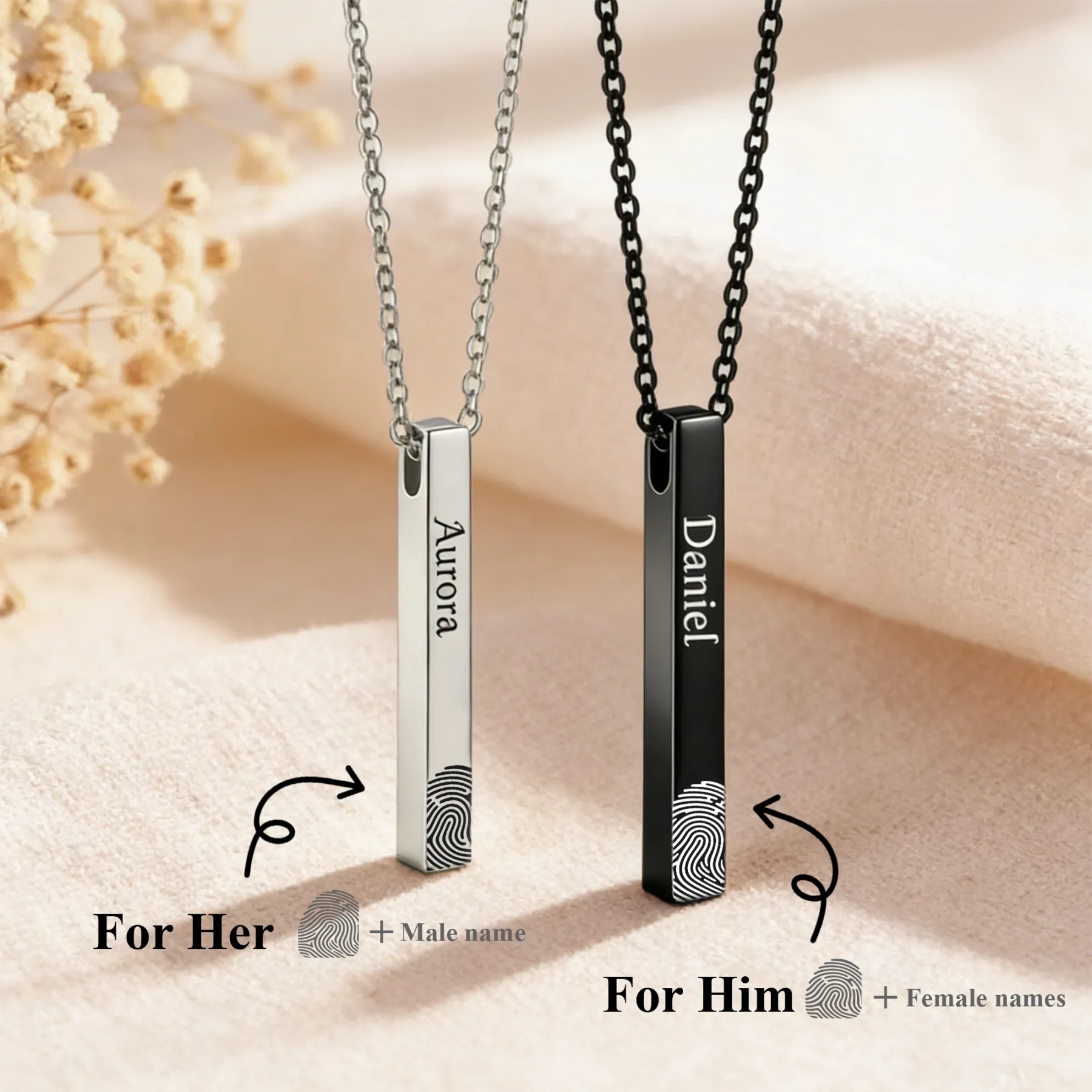 Custom Fingerprint Photo Bar Pendant Necklace with Name