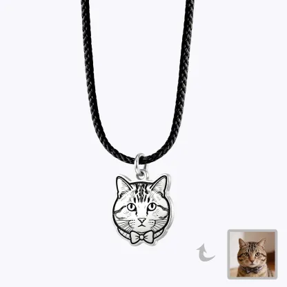 Custom Engraved Cat Dog Face Photo Braided Leather Necklace