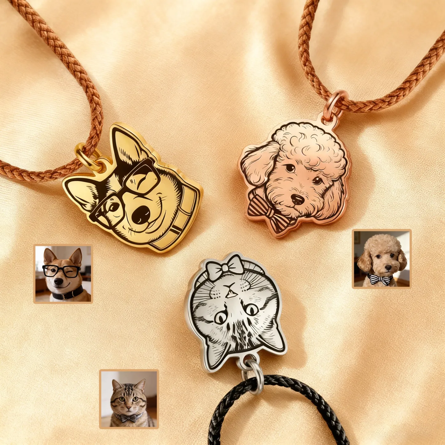 Custom Engraved Cat Dog Face Photo Braided Leather Necklace