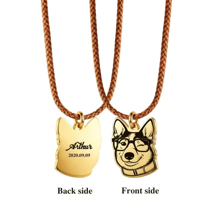 Custom Engraved Cat Dog Face Photo Braided Leather Necklace