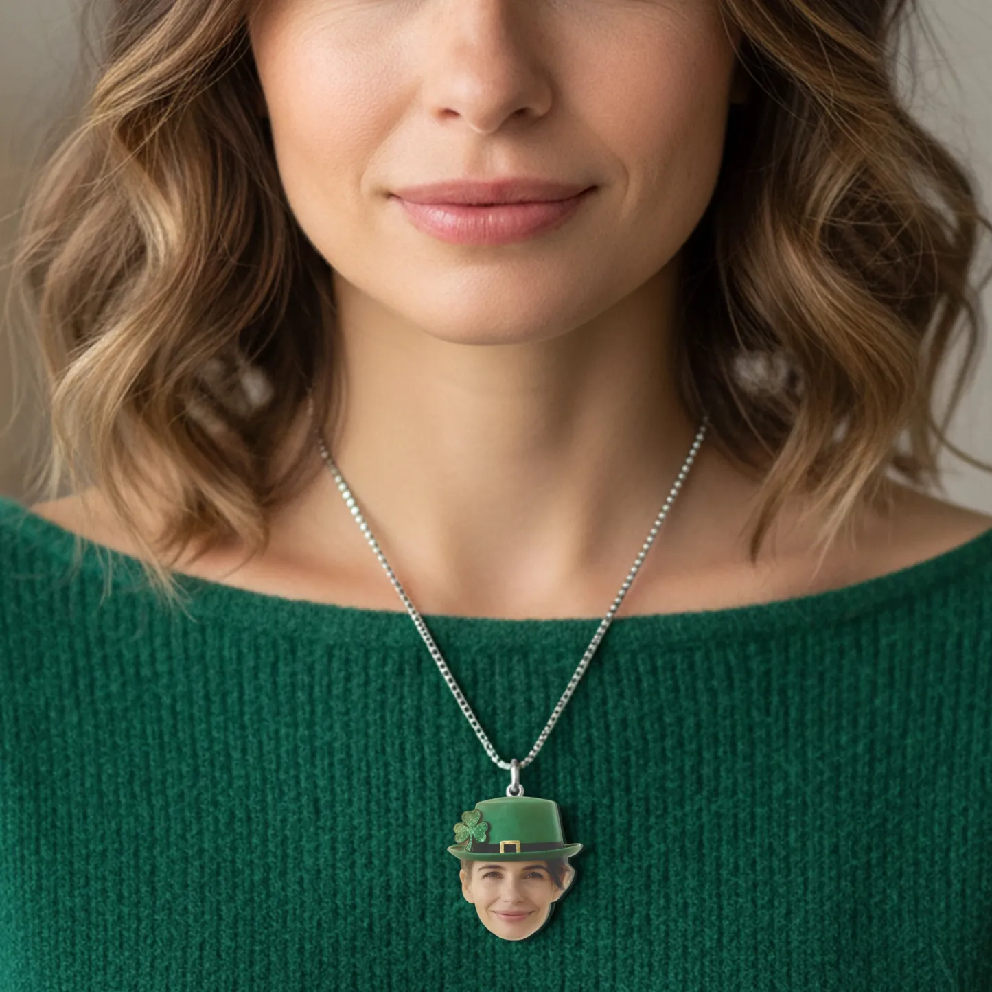 Custom Face Photo Lucky Clover Necklace for St. Patrick's Day