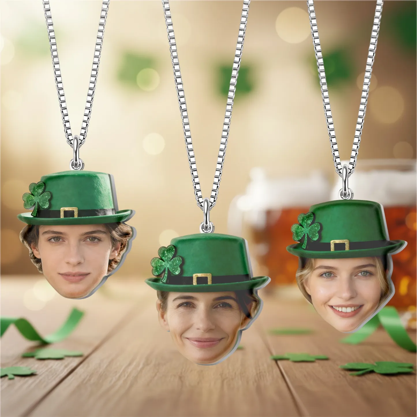 Custom Face Photo Lucky Clover Necklace for St. Patrick's Day