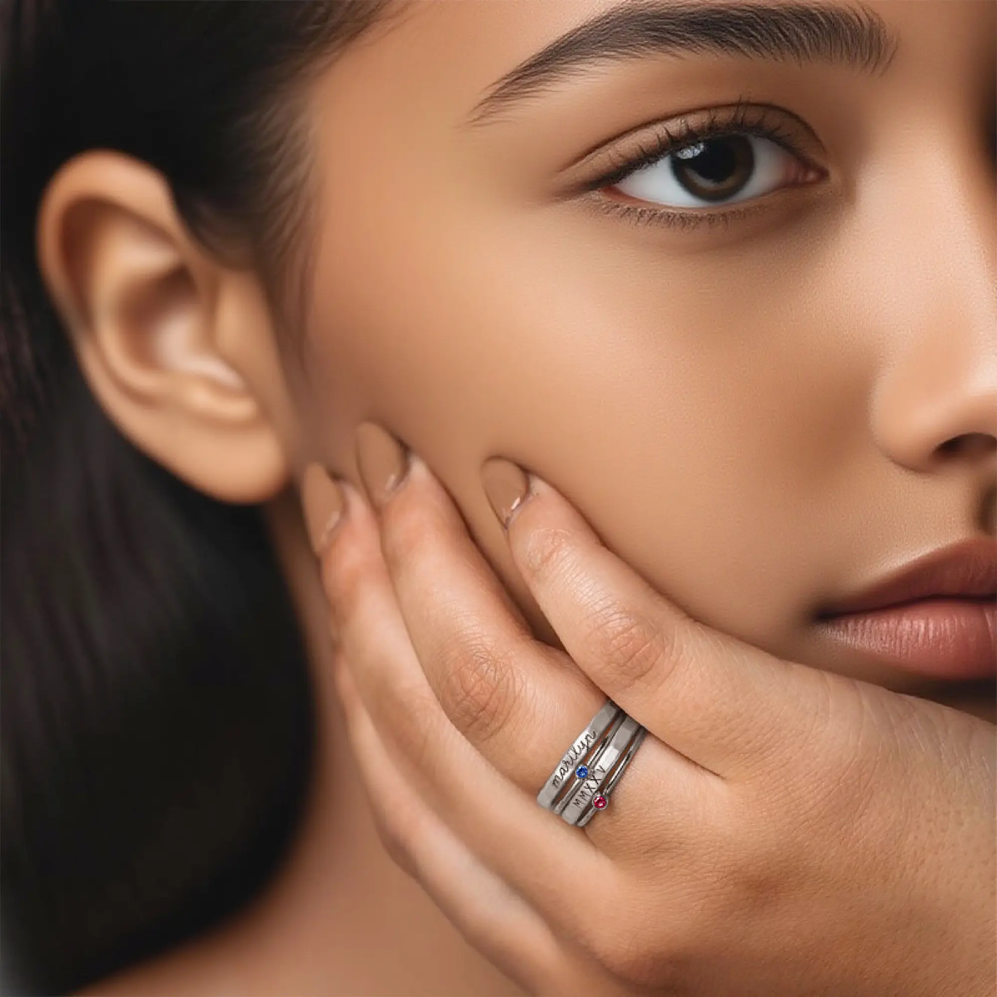 Personalized Name Ring Set with Round Birthstone-BY PROMISE-Name,Birthstone