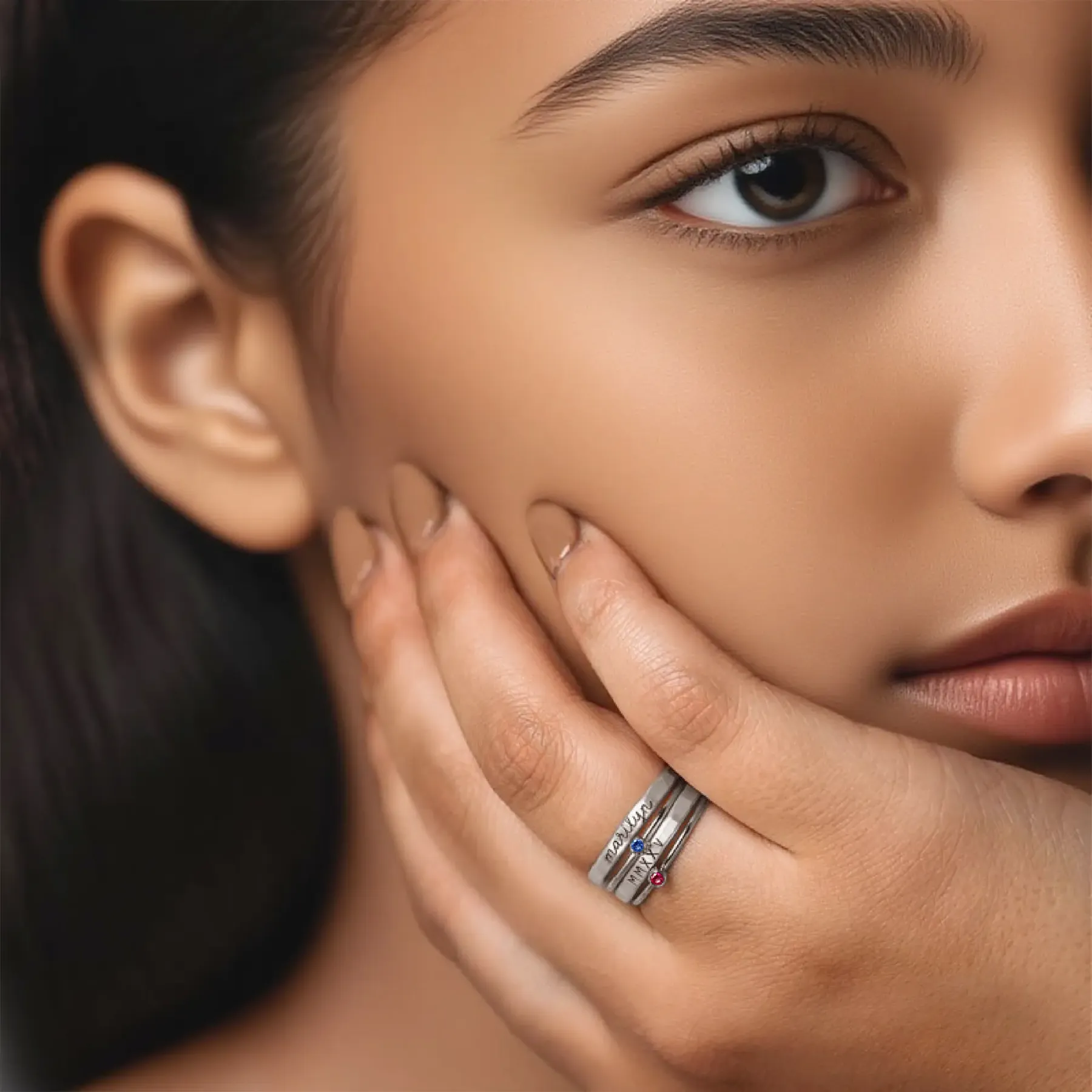 Personalized Name Ring Set with Round Birthstone-BY PROMISE-Name,Birthstone