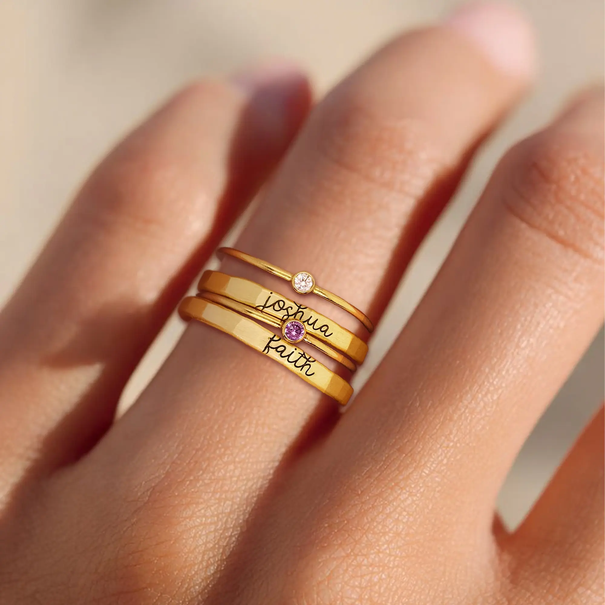 Personalized Name Ring Set with Round Birthstone-BY PROMISE-Name,Birthstone