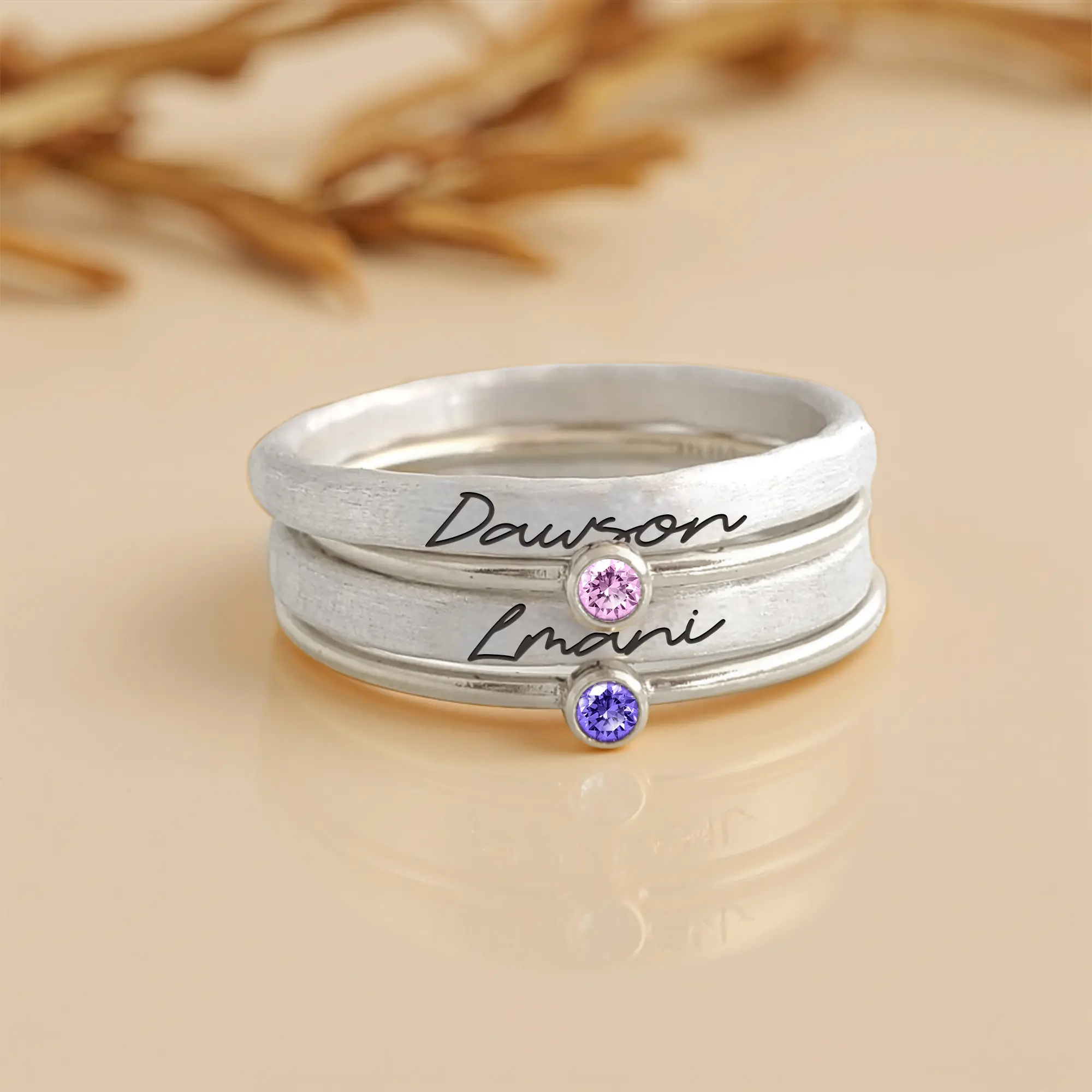 Personalized Name Ring Set with Round Birthstone-BY PROMISE-Name,Birthstone