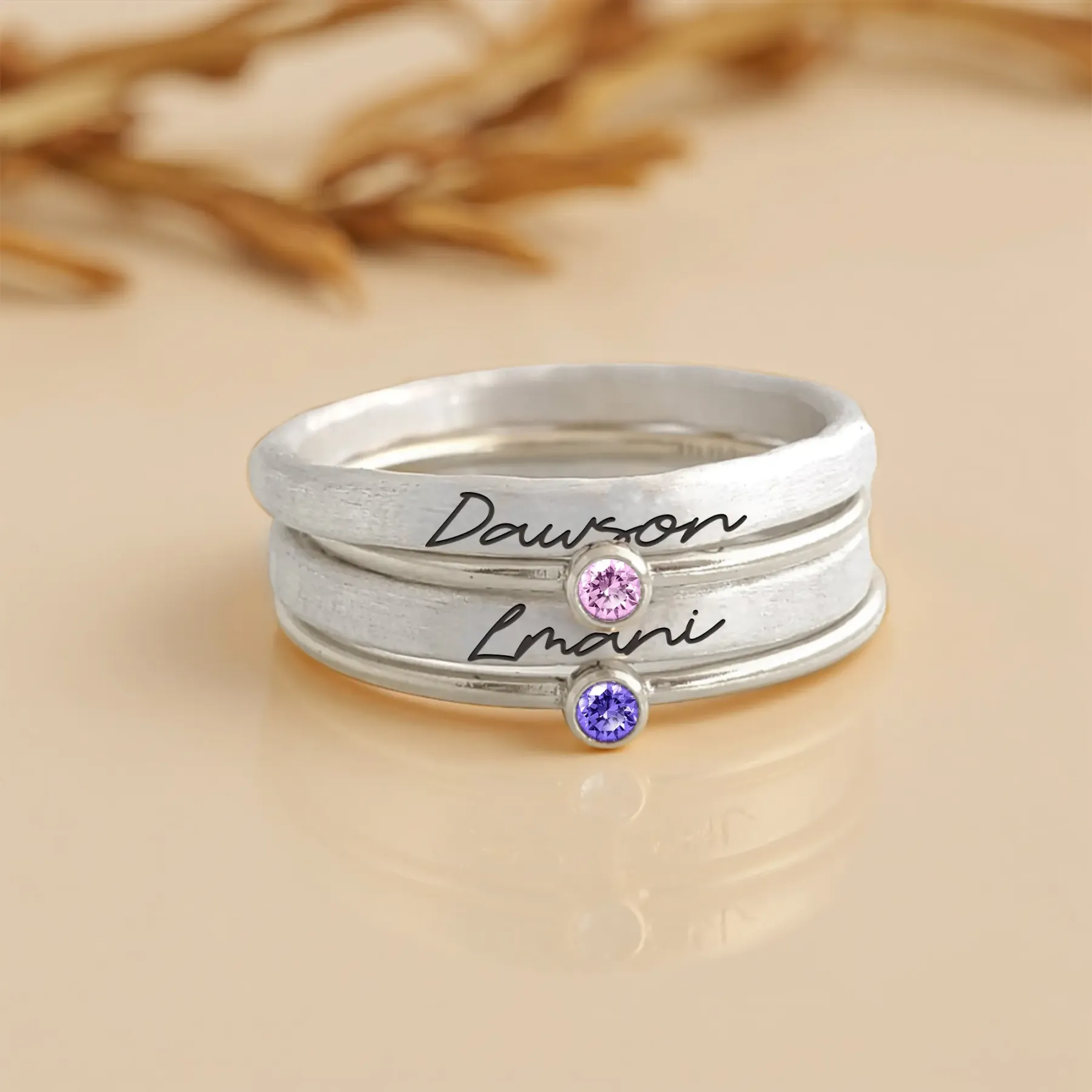 Personalized Name Ring Set with Round Birthstone-BY PROMISE-Name,Birthstone
