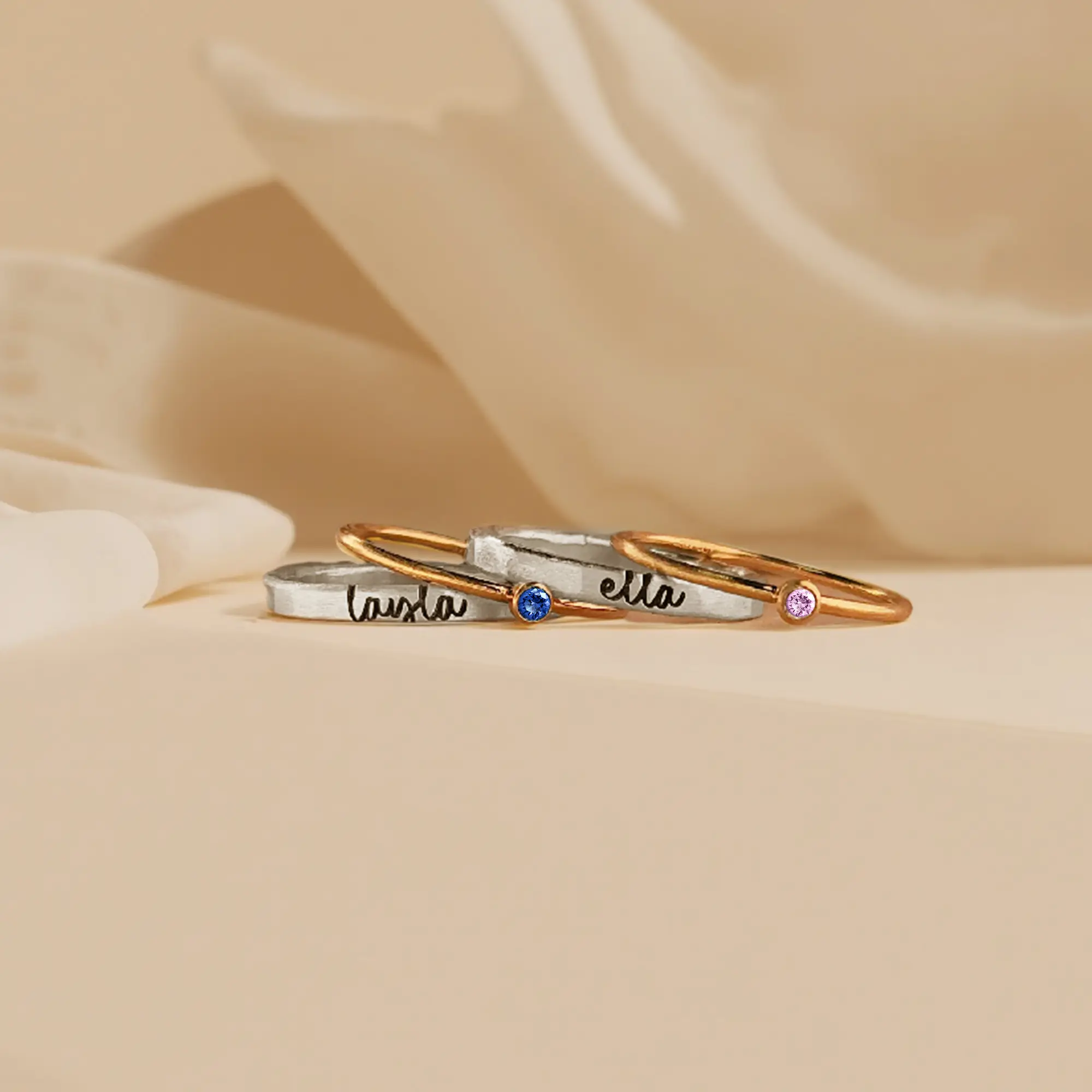 Personalized Name Ring Set with Round Birthstone-BY PROMISE-Name,Birthstone