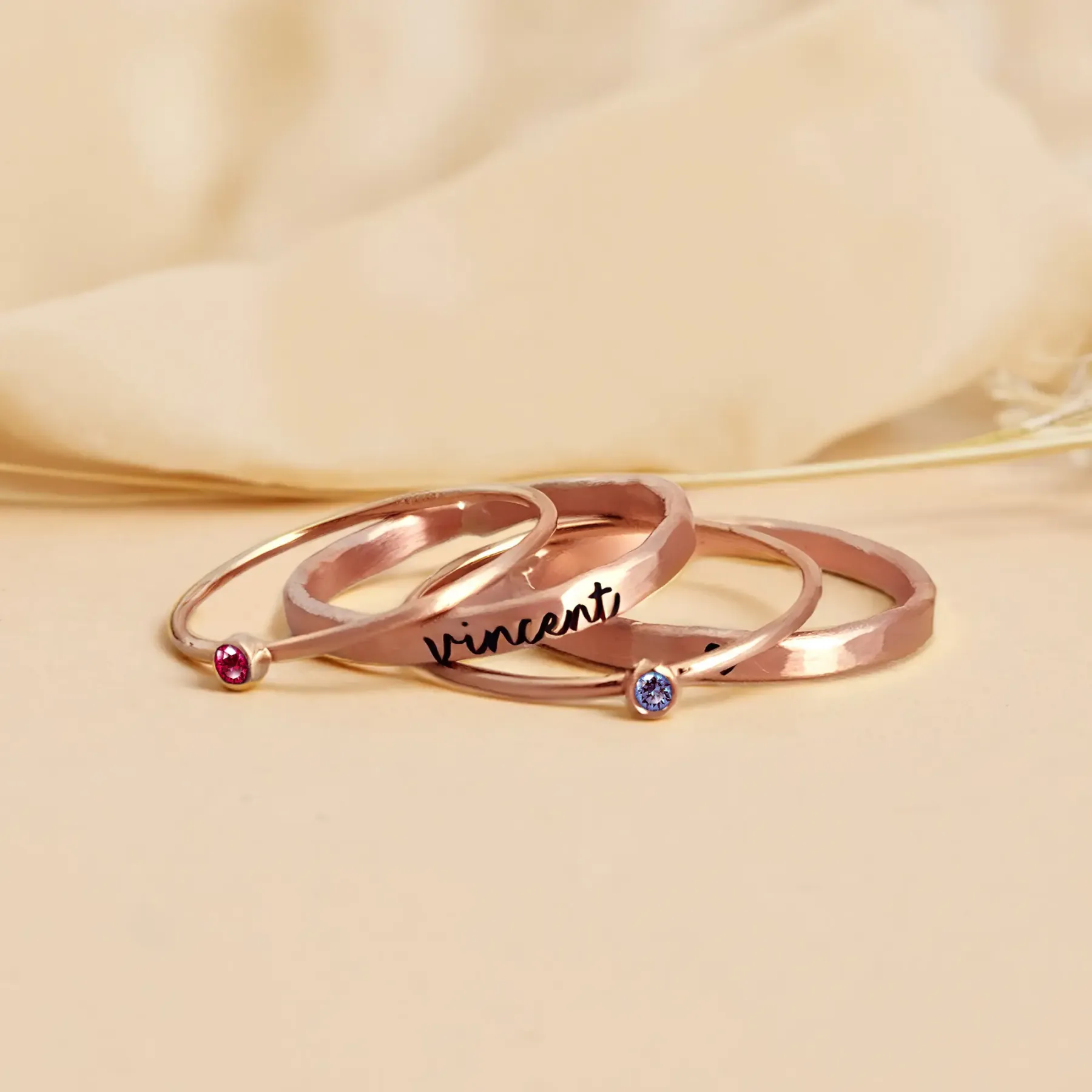 Personalized Name Ring Set with Round Birthstone-BY PROMISE-Name,Birthstone