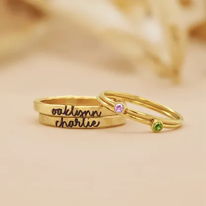 Personalized Name Ring Set with Round Birthstone-BY PROMISE-Name,Birthstone