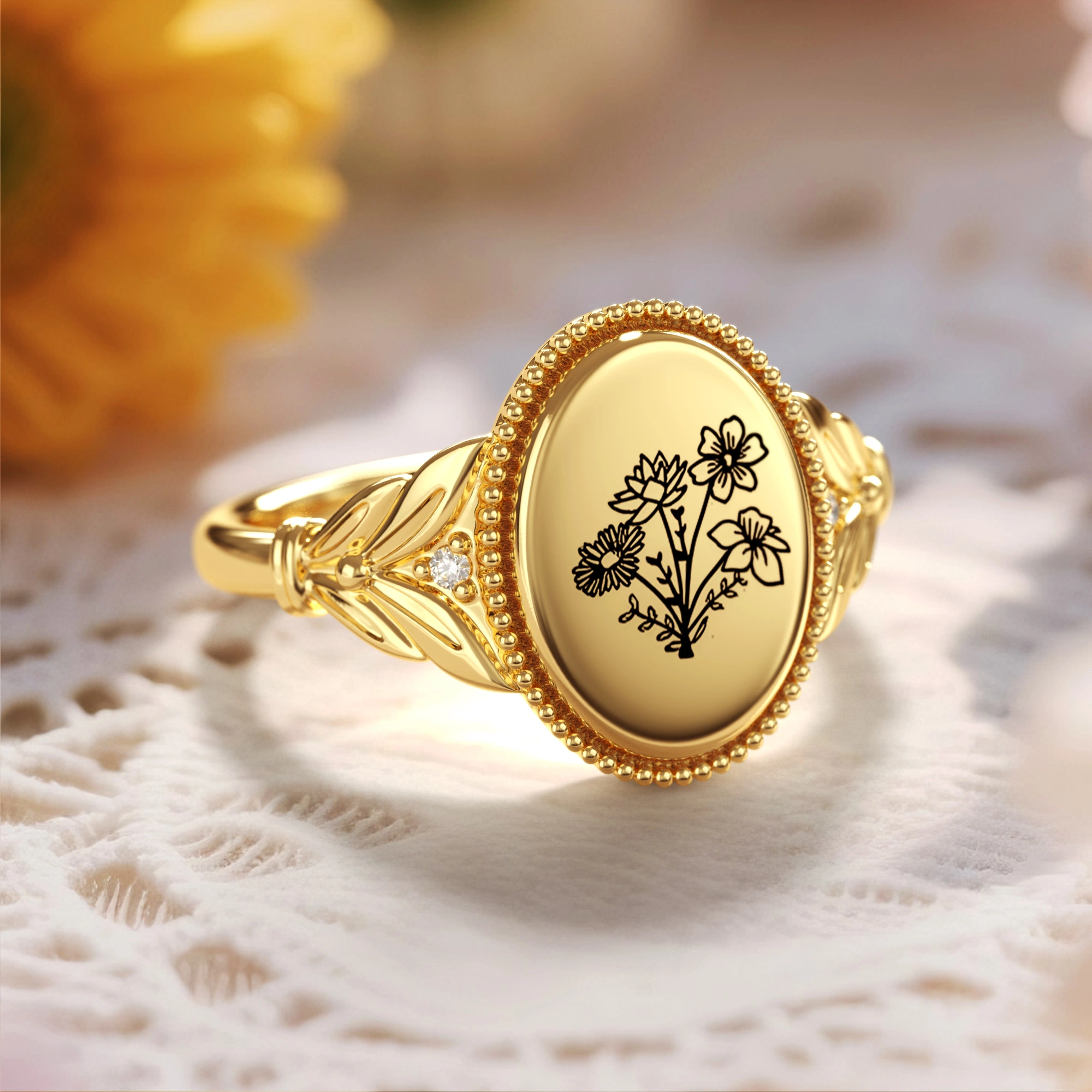 Custom 1-5 Birth Flower Ring with Side Ronud Birthstone-BY PROMISE-Birthstone,Birth Flower