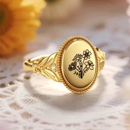 Custom 1-5 Birth Flower Ring with Side Ronud Birthstone-BY PROMISE-Birthstone,Birth Flower