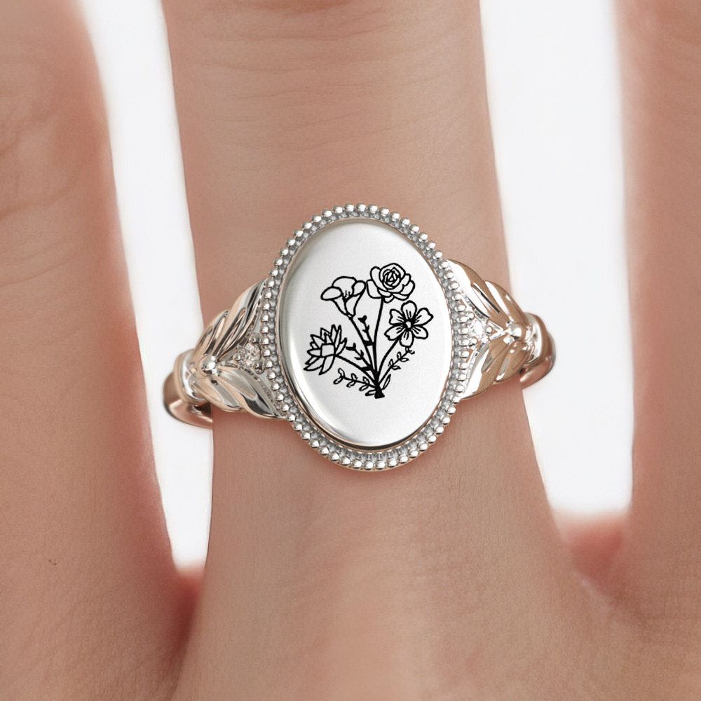 Custom 1-5 Birth Flower Ring with Side Ronud Birthstone-BY PROMISE-Birthstone,Birth Flower