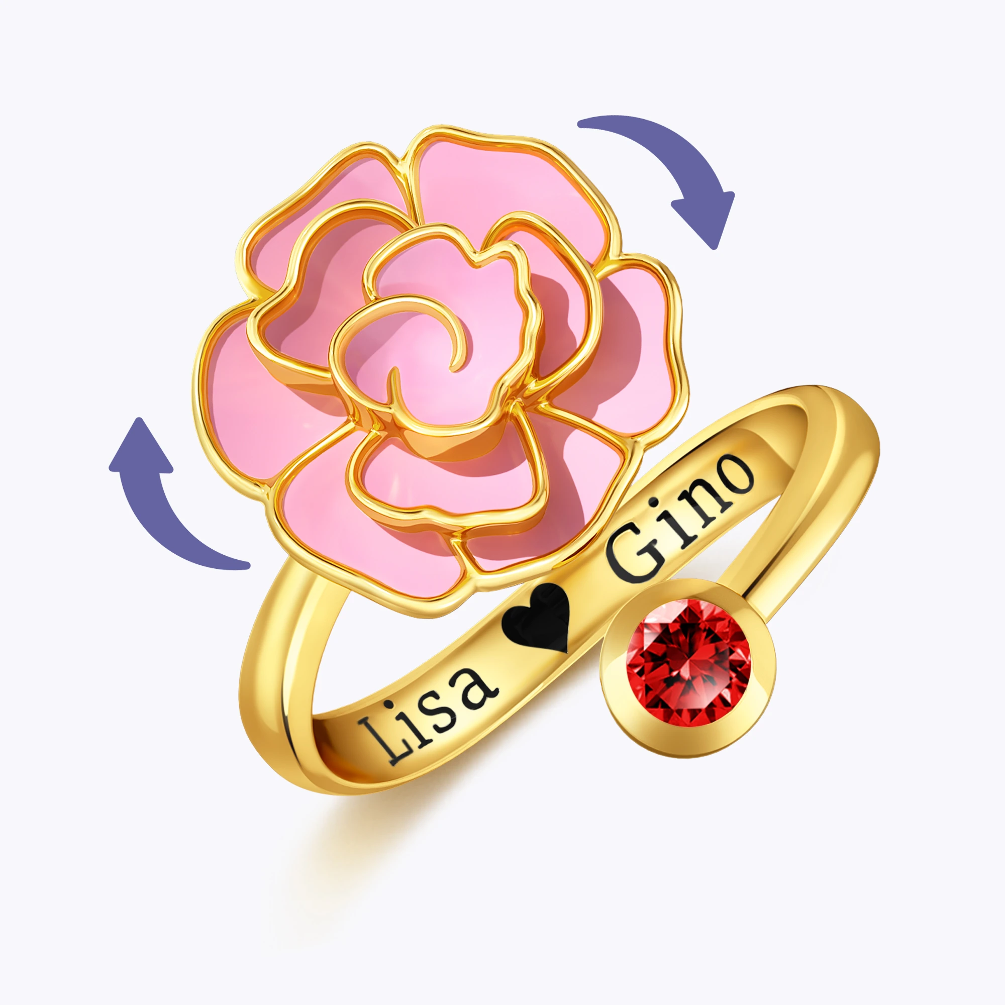 Whirling Blooms Collection Custom Spinning Birth Flower Open Twist Ring with Birthstone