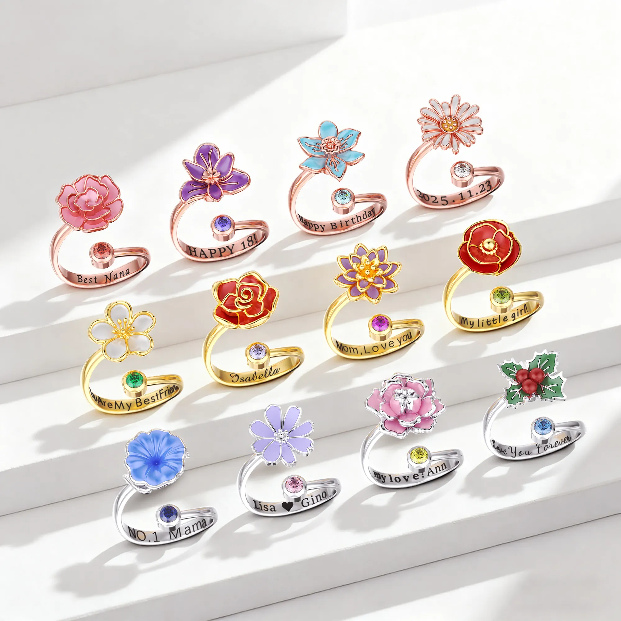 Whirling Blooms Collection Custom Spinning Birth Flower Open Twist Ring with Birthstone