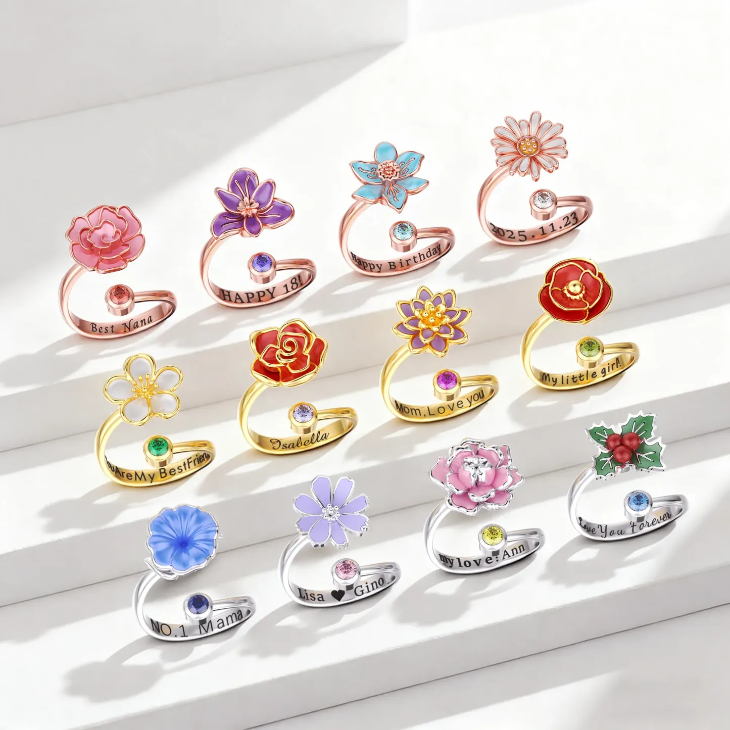 Whirling Blooms Collection Custom Spinning Birth Flower Open Twist Ring with Birthstone